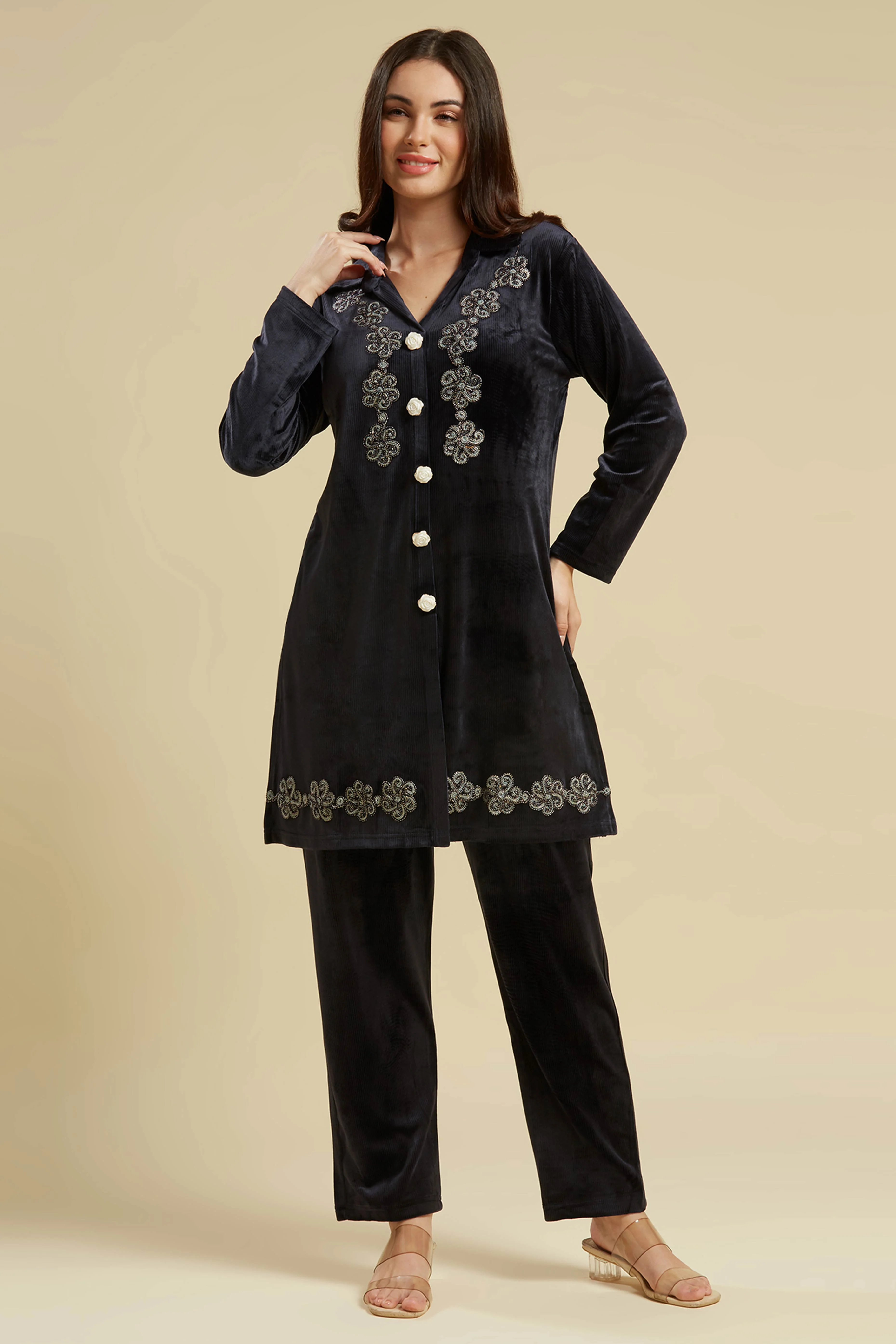 Navy Blue Embroidered Velvet A-Line Top Bottom Set - Image 6