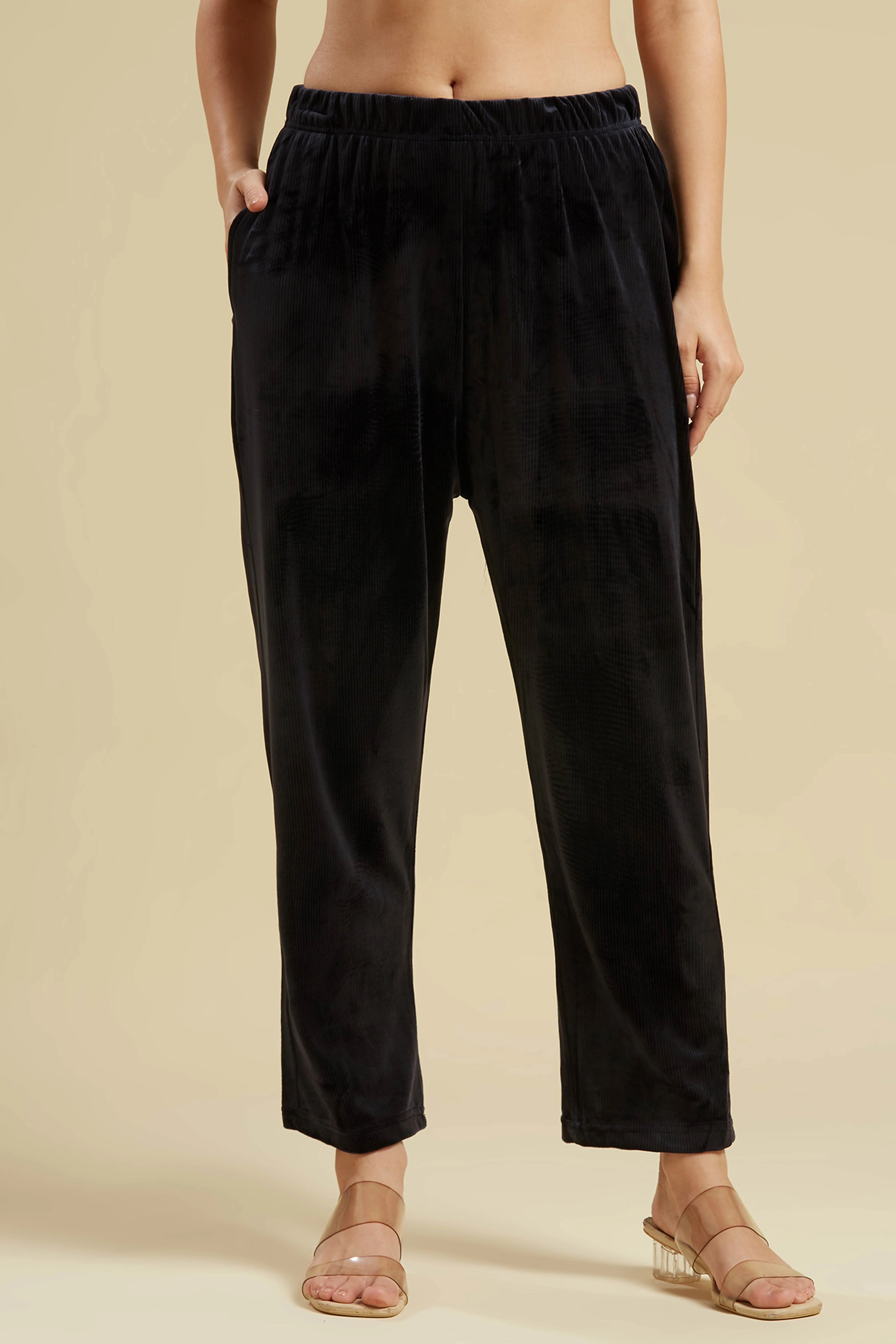 Navy Blue Embroidered Velvet A-Line Top Bottom Set - Image 7