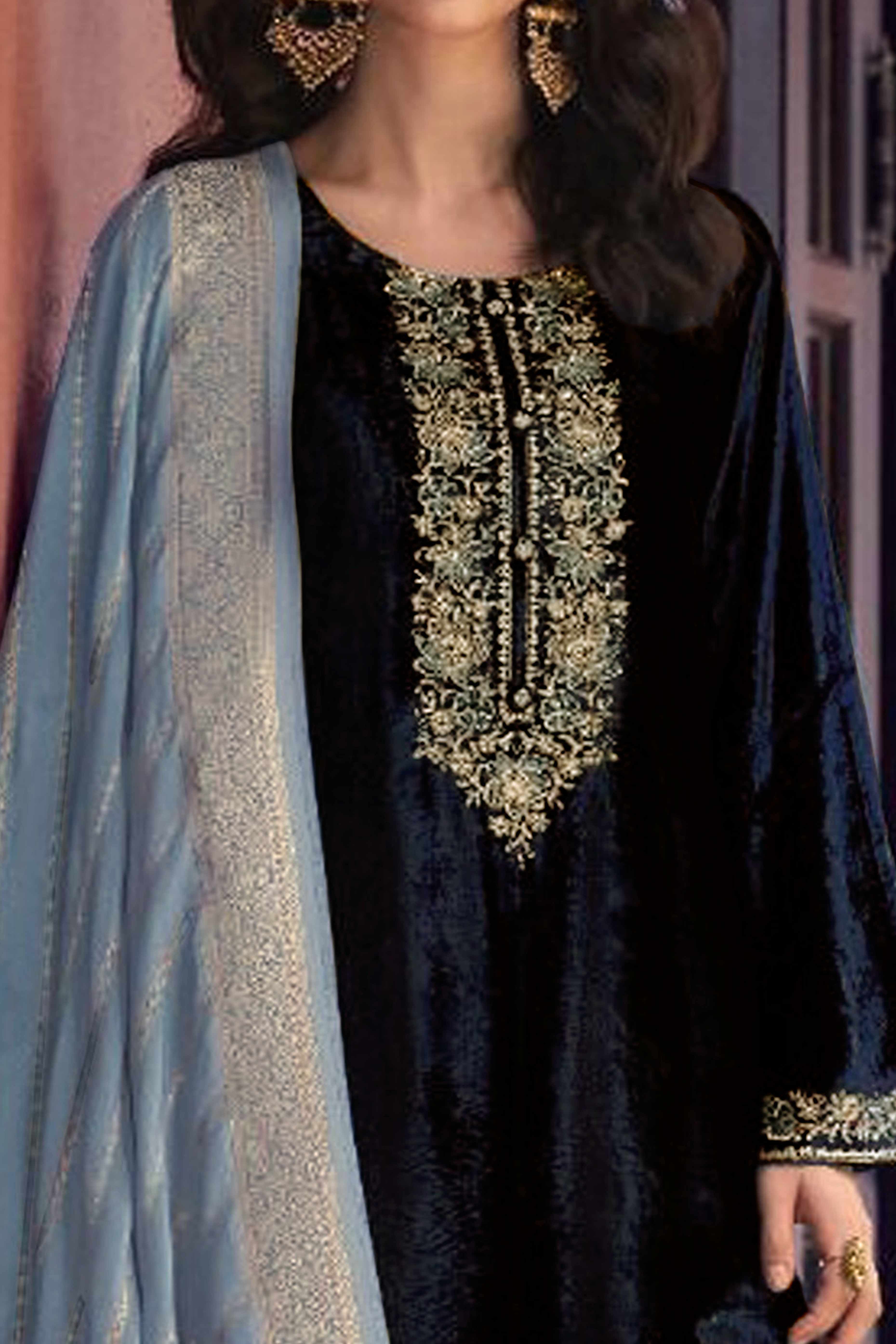 Navy Blue Embroidered Velvet Semi-Stitched Salwar Suit - Image 2