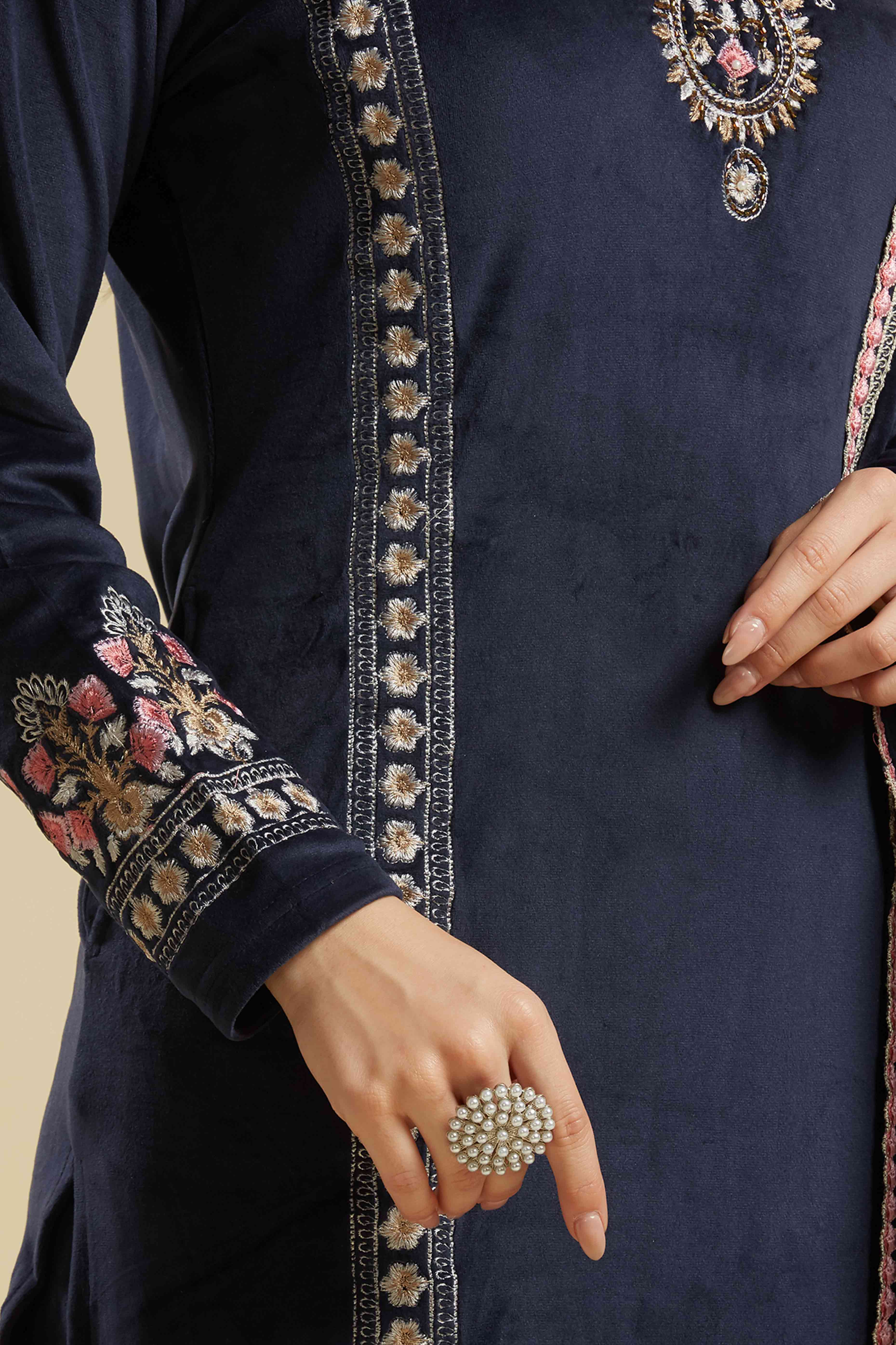 Navy Blue Embroidered Velvet Straight Salwar Suit - Image 10