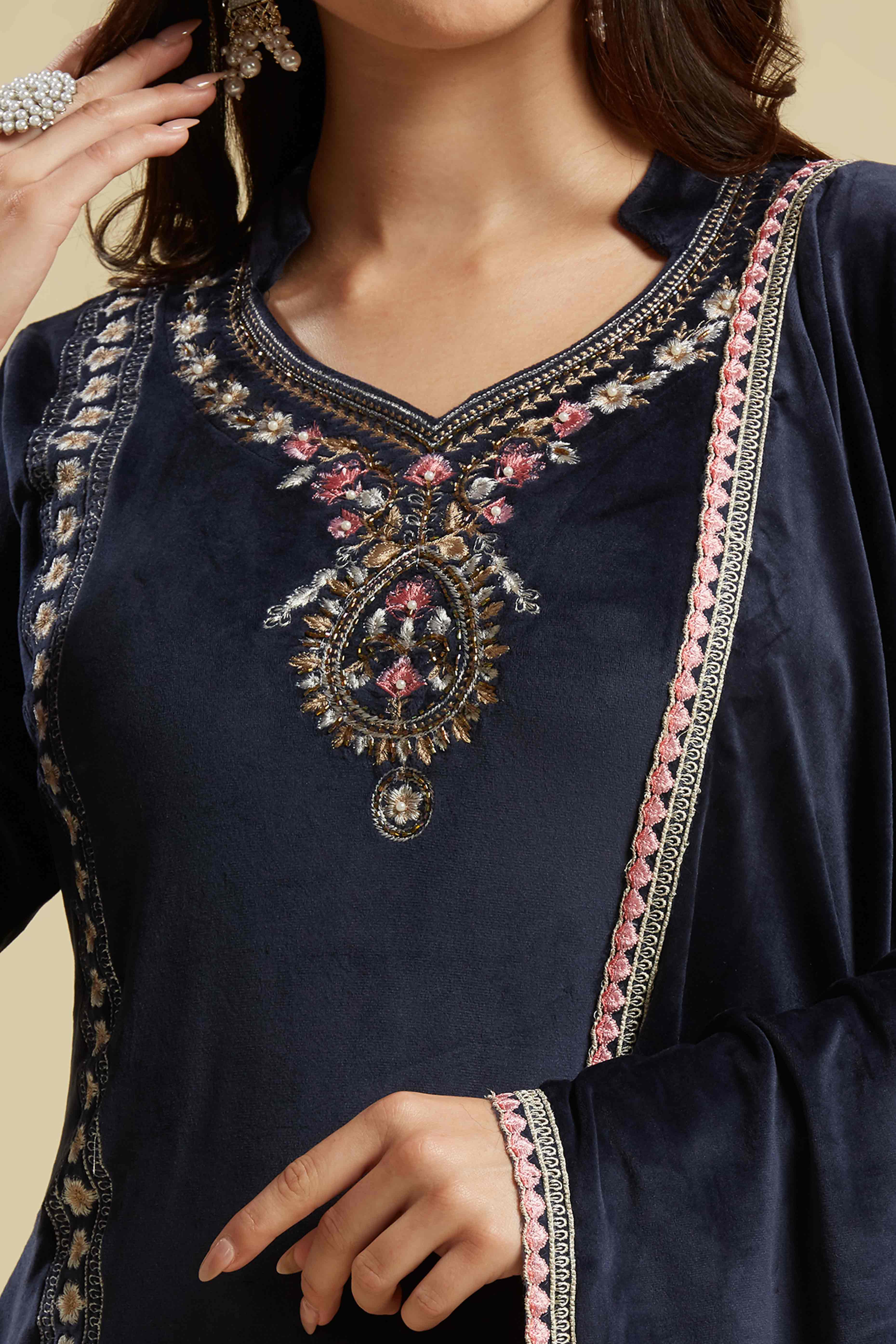 Navy Blue Embroidered Velvet Straight Salwar Suit - Image 2