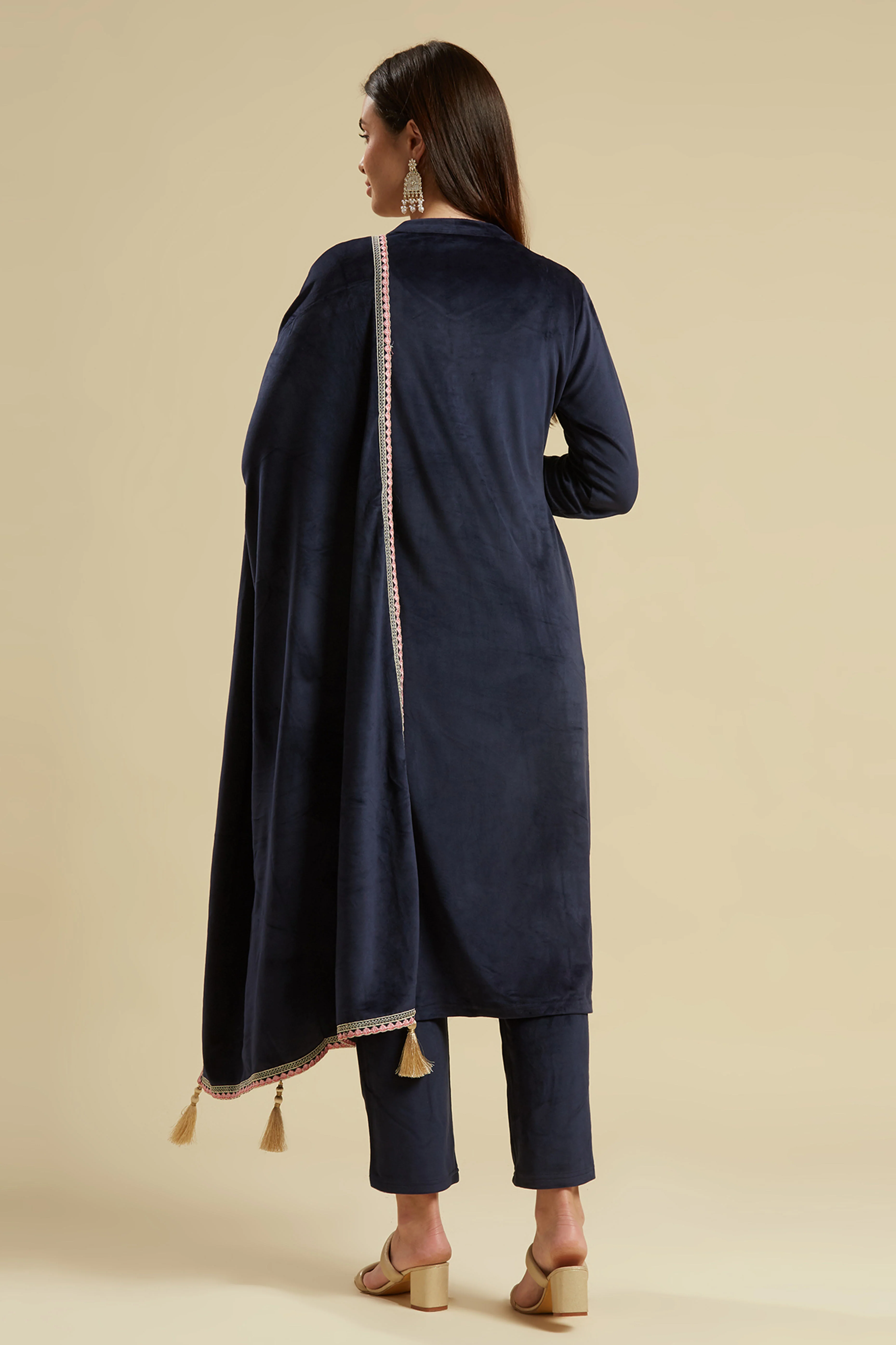 Navy Blue Embroidered Velvet Straight Salwar Suit - Image 3