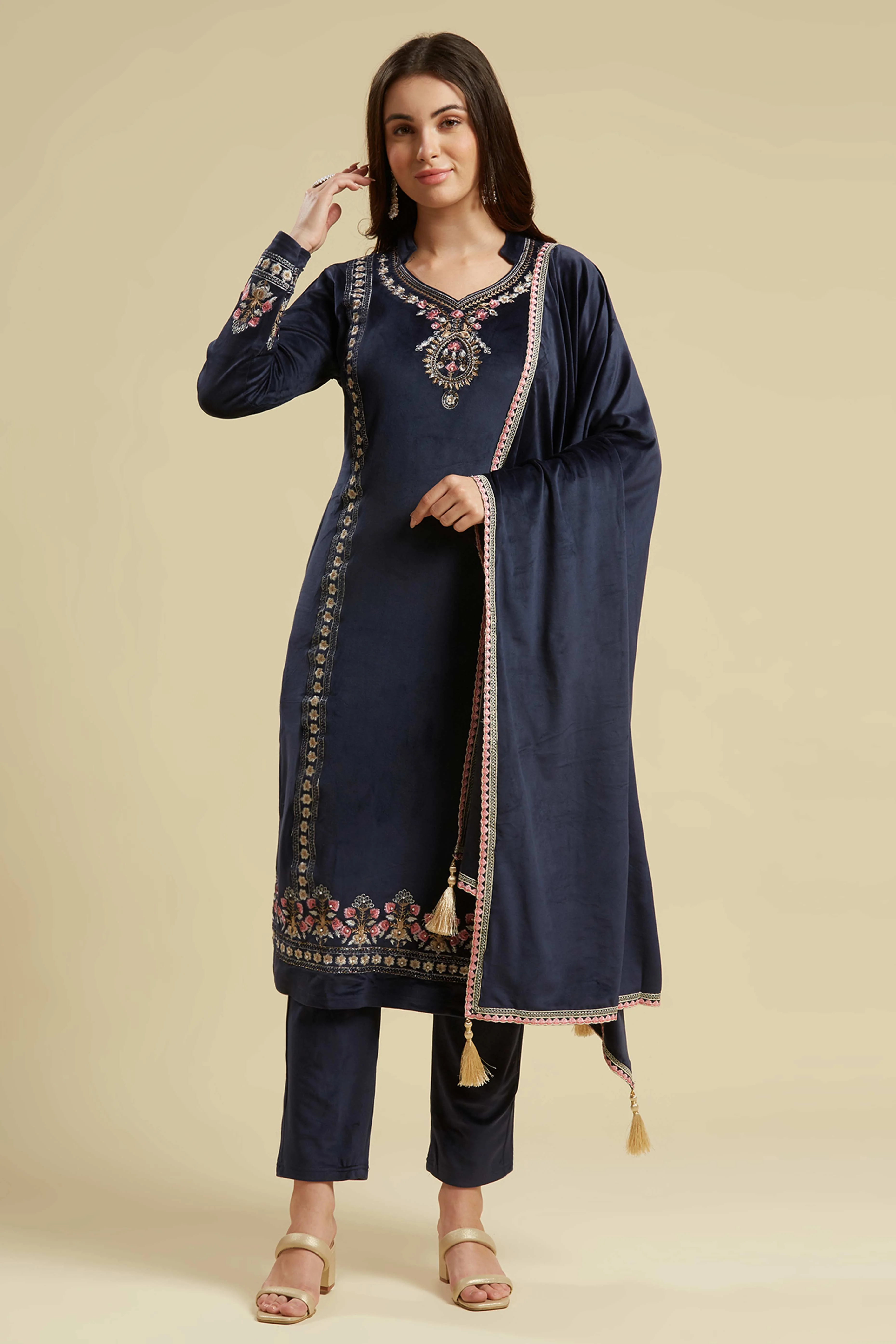 Navy Blue Embroidered Velvet Straight Salwar Suit - Image 6