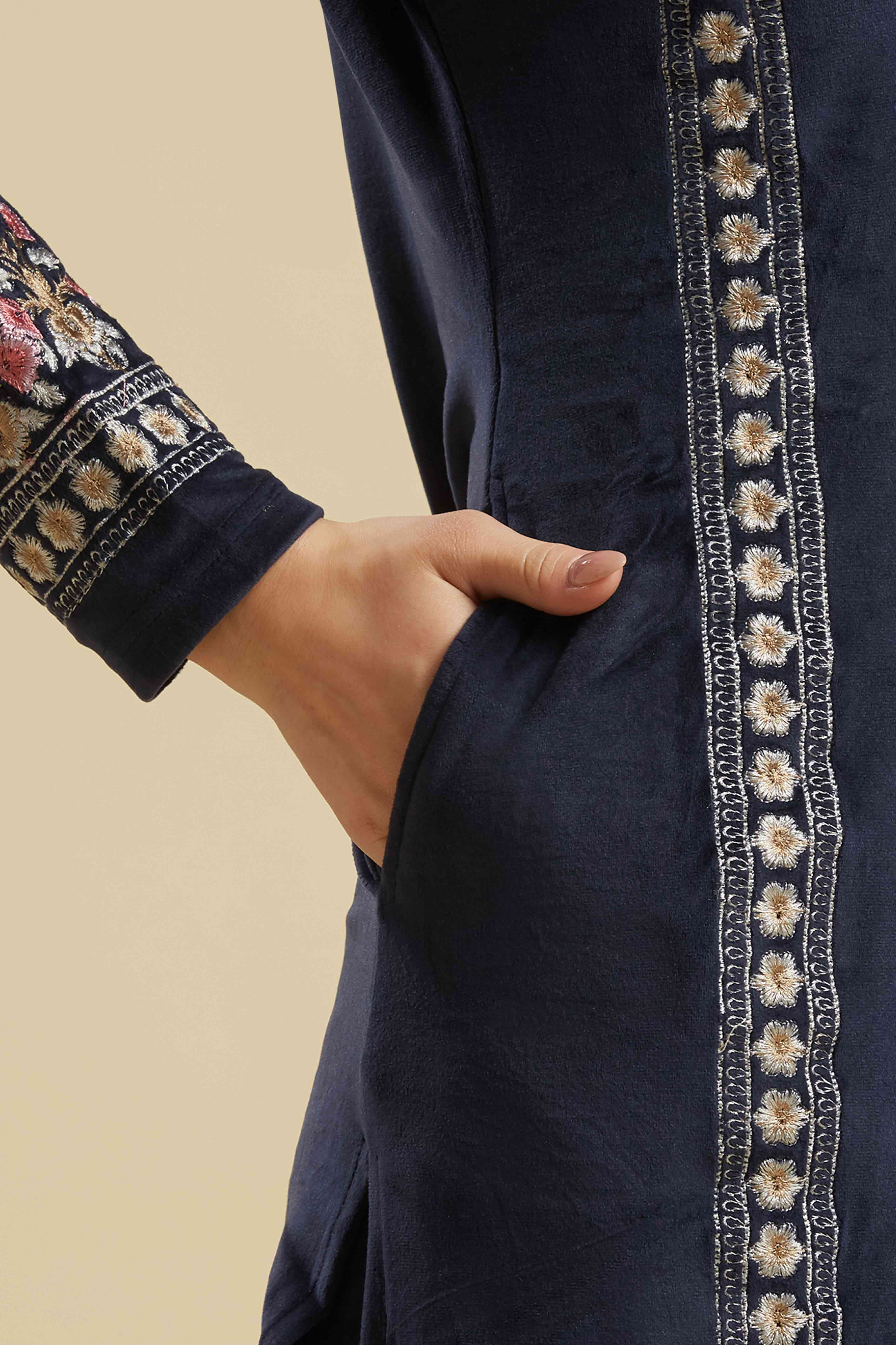 Navy Blue Embroidered Velvet Straight Salwar Suit - Image 8