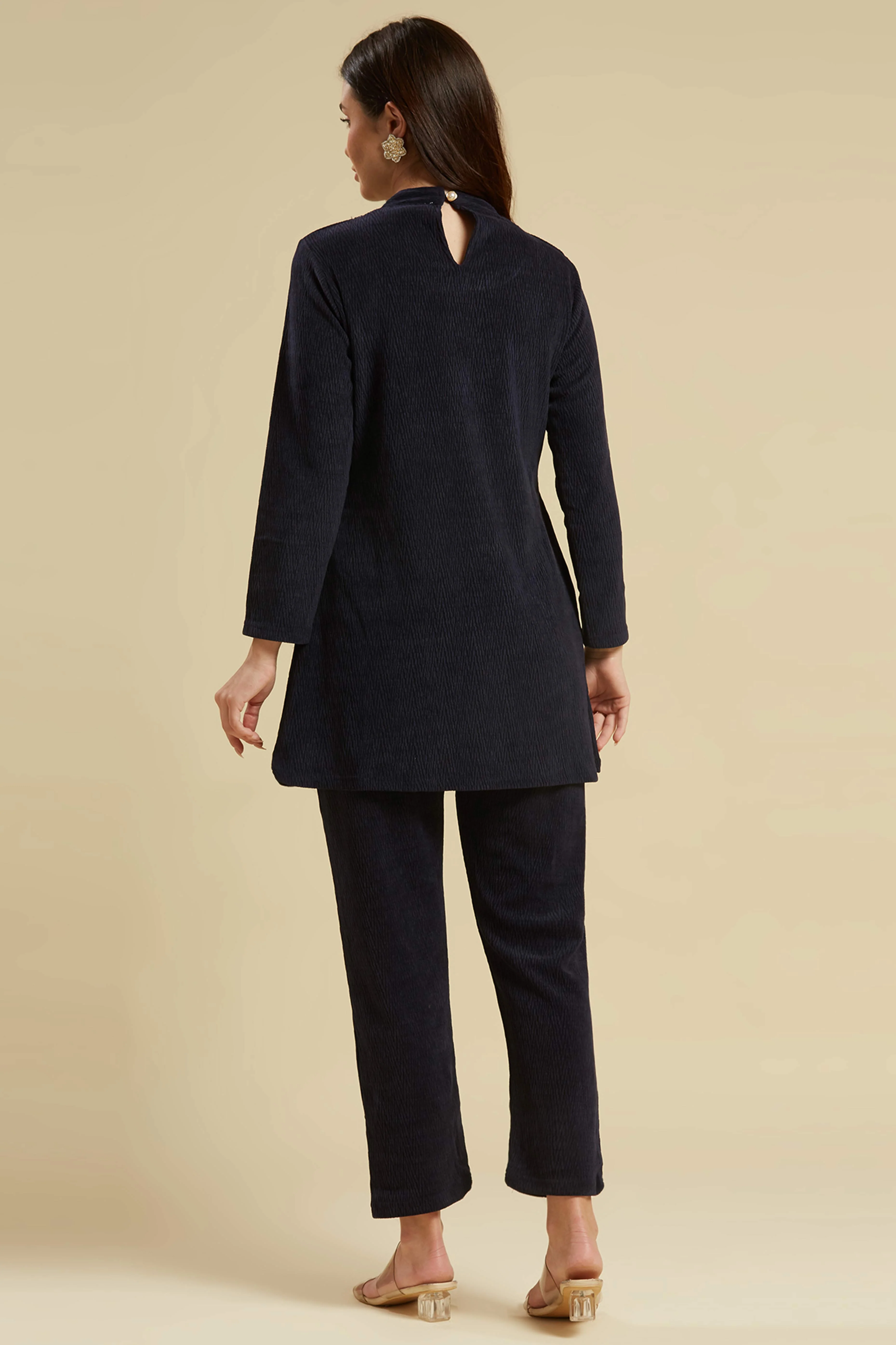 Navy Blue Woven Woolen A-Line Top Bottom Set - Image 3
