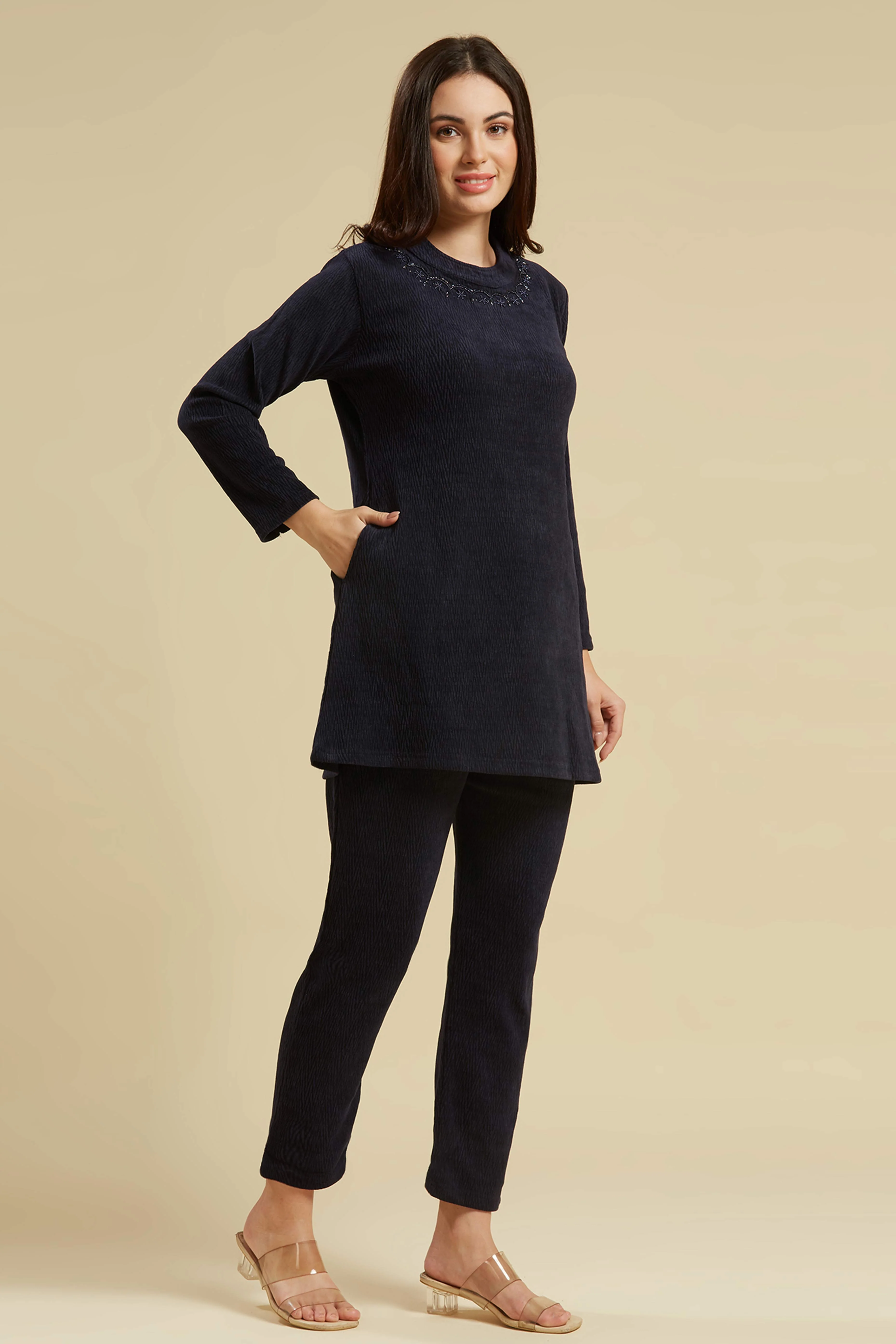 Navy Blue Woven Woolen A-Line Top Bottom Set - Image 4