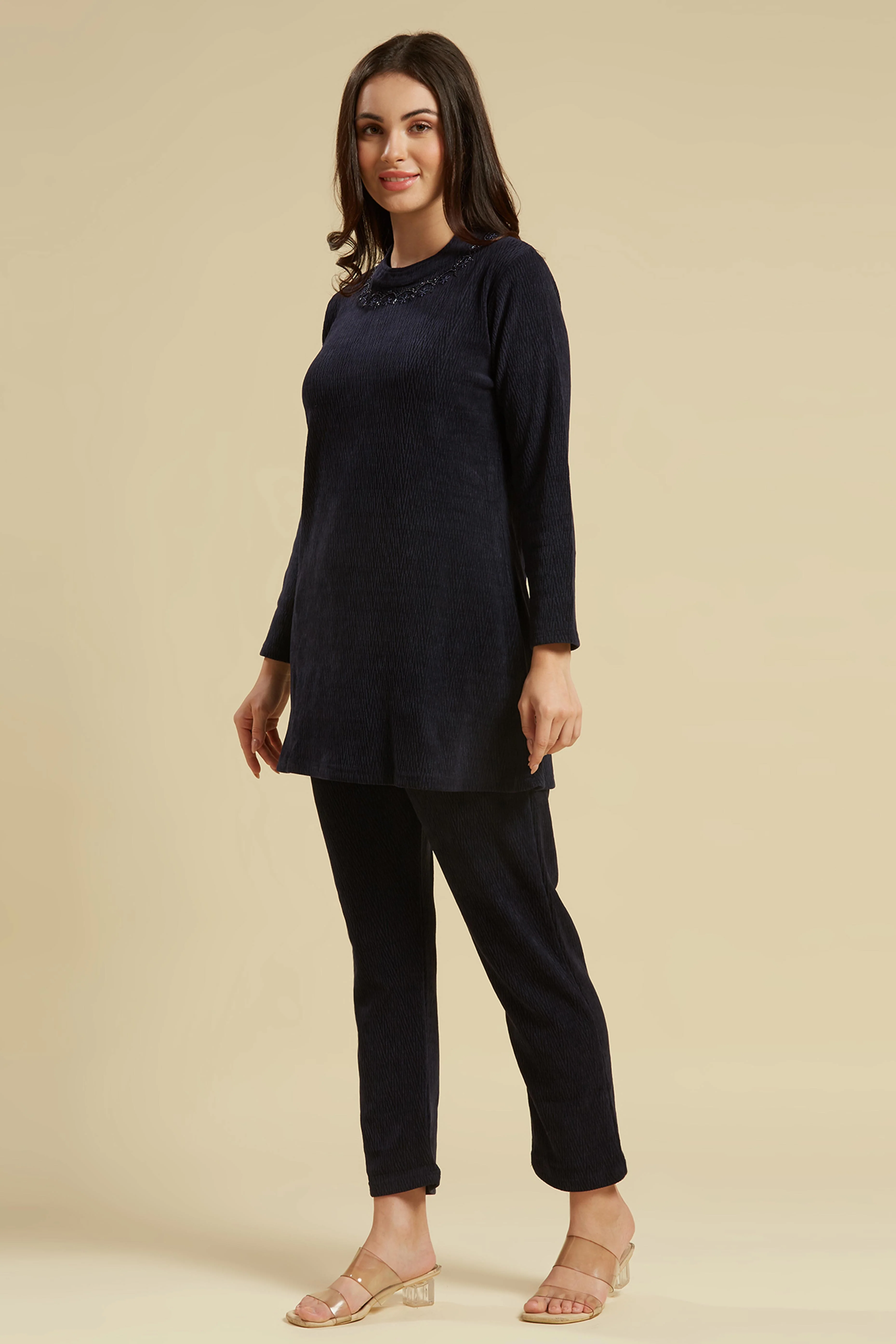Navy Blue Woven Woolen A-Line Top Bottom Set - Image 5