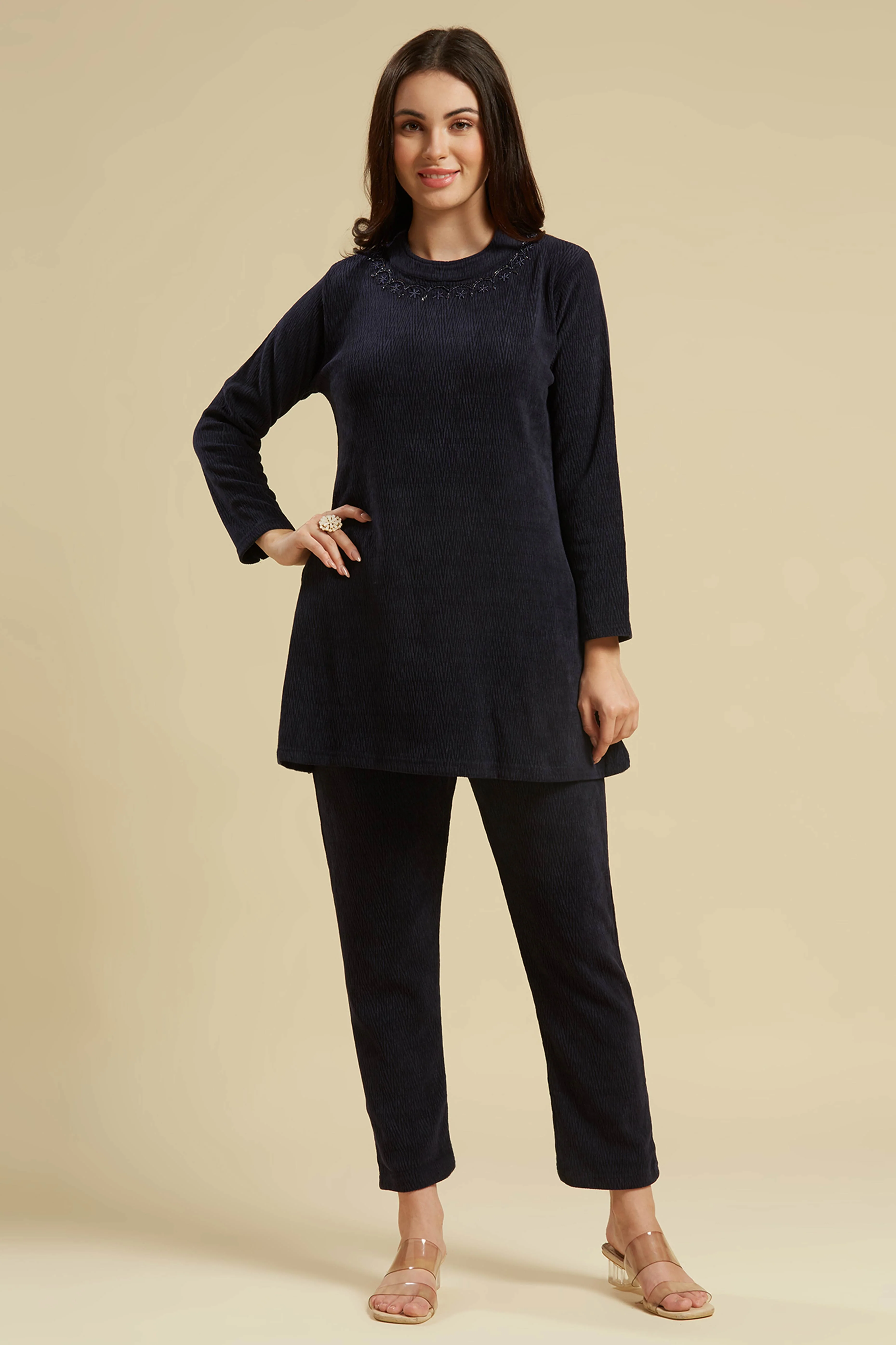 Navy Blue Woven Woolen A-Line Top Bottom Set - Image 6