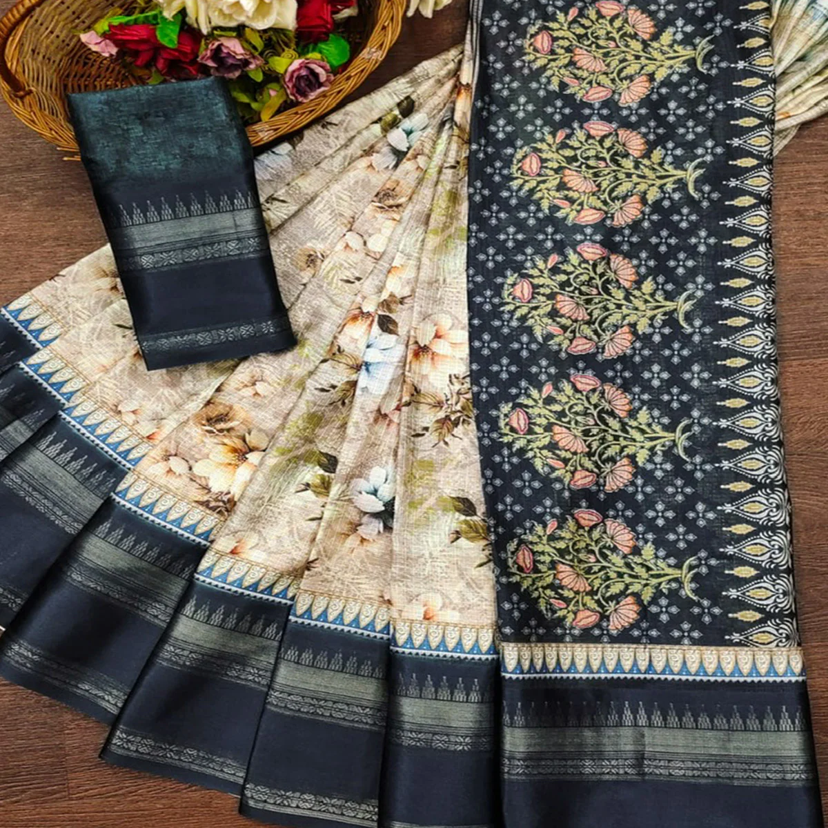 Navy Blue Floral Digital Printed Cotton Silk Saree - Image 2