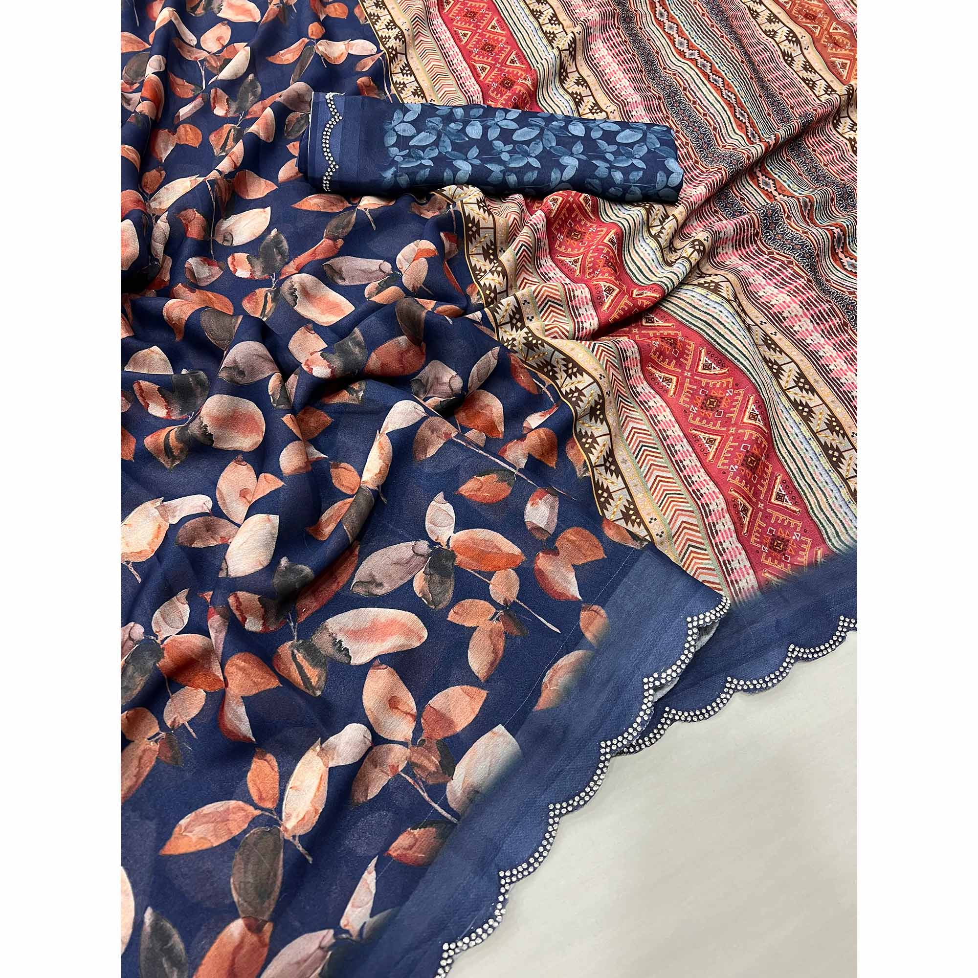 Navy Blue Floral Digital Printed Georgette Saree With Stonework Border - Image 3