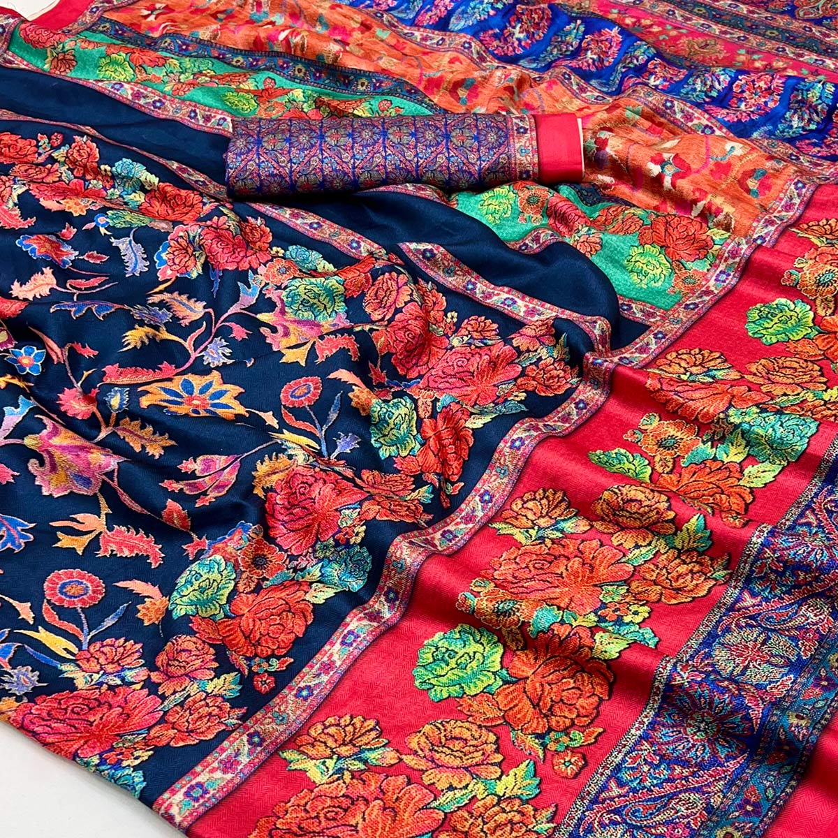 Navy Blue Floral Digital Printed Pashmina Saree - Image 2