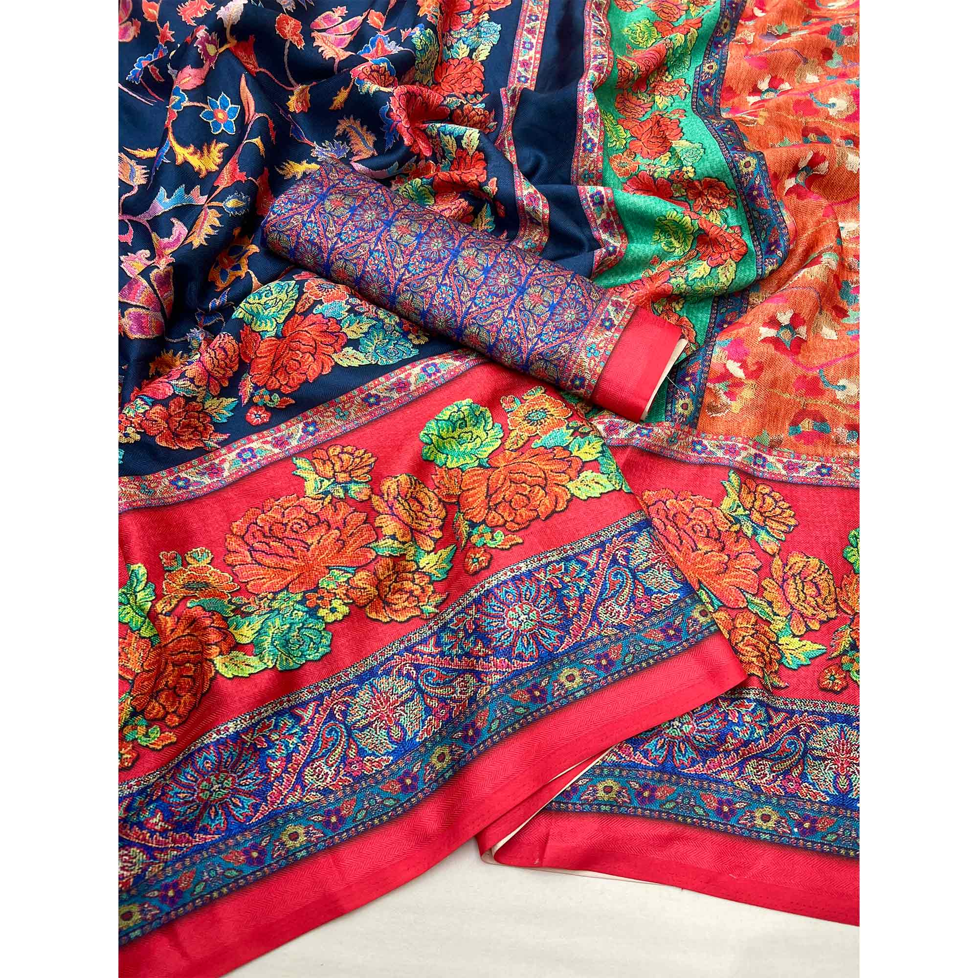 Navy Blue Floral Digital Printed Pashmina Saree - Image 3