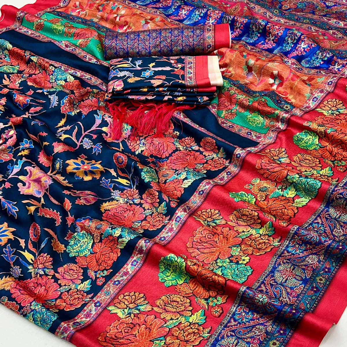 Navy Blue Floral Digital Printed Pashmina Saree With Shawl - Image 2