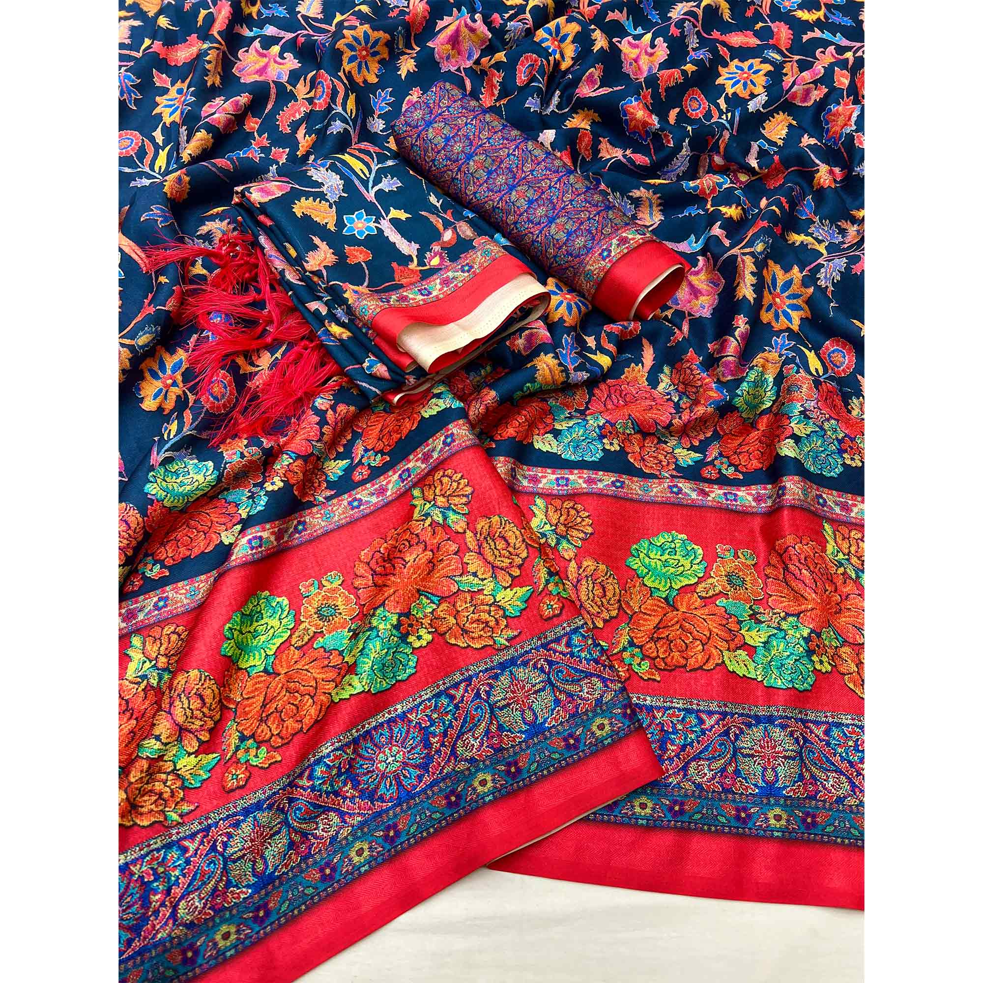 Navy Blue Floral Digital Printed Pashmina Saree With Shawl - Image 3
