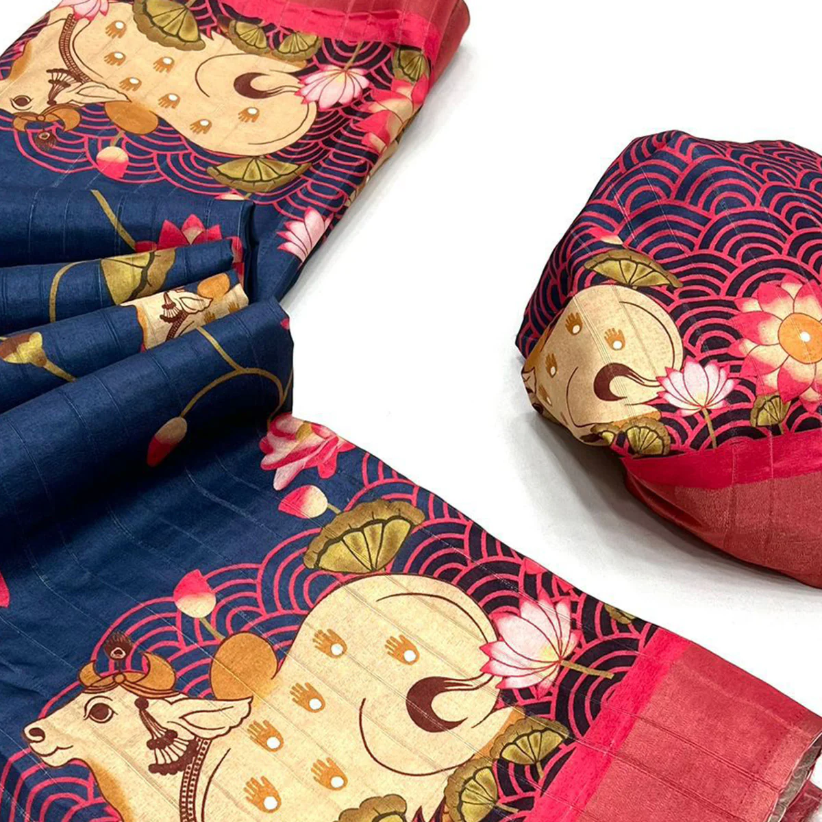Navy Blue Floral Digital Printed Tussar Silk Saree - Image 2