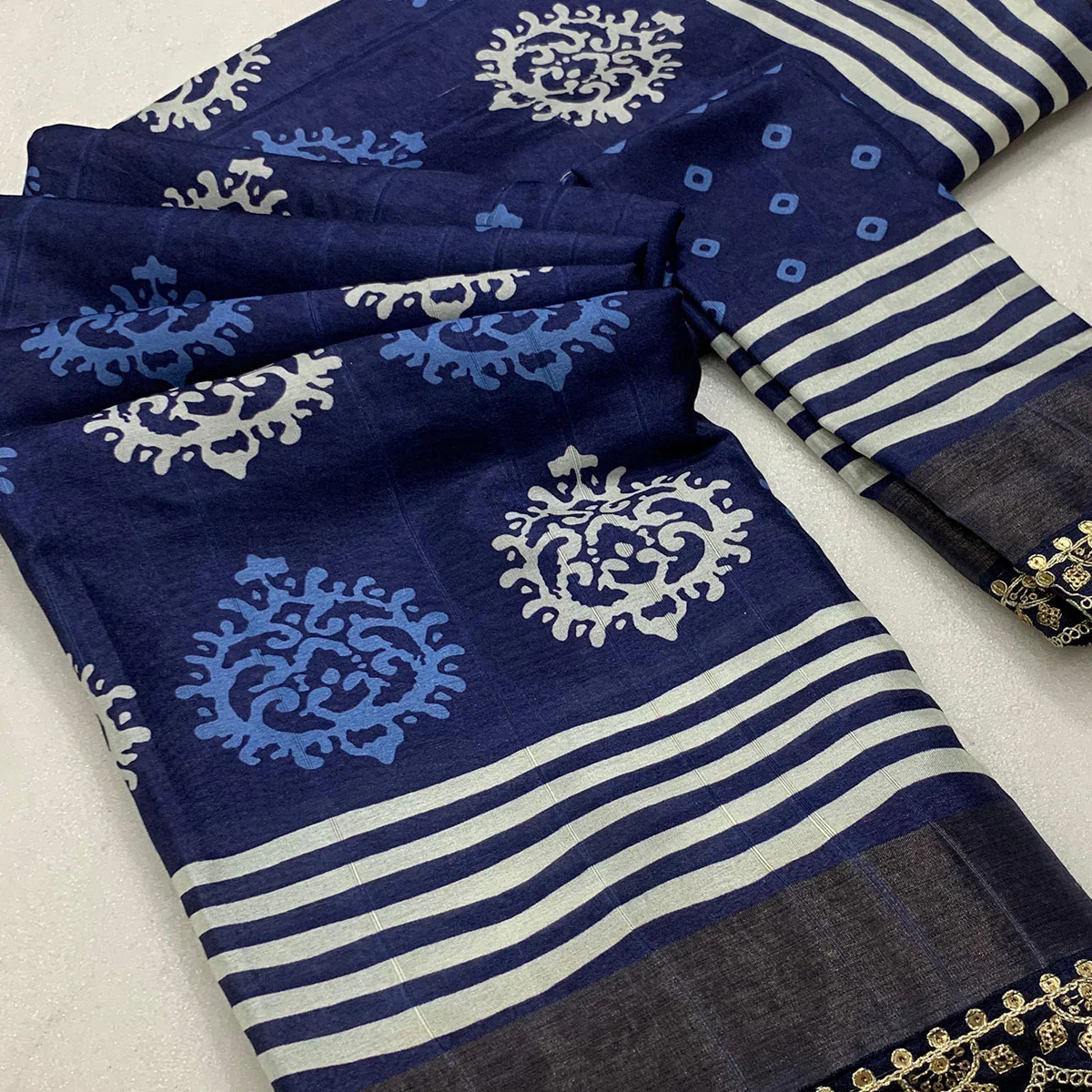 Navy Blue Floral Digital Printed Tussar Silk Saree With Sequins Embroidered Border - Image 2