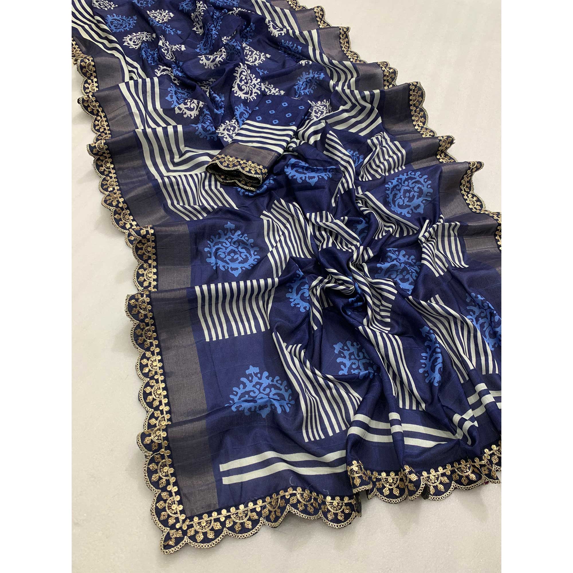 Navy Blue Floral Digital Printed Tussar Silk Saree With Sequins Embroidered Border - Image 3
