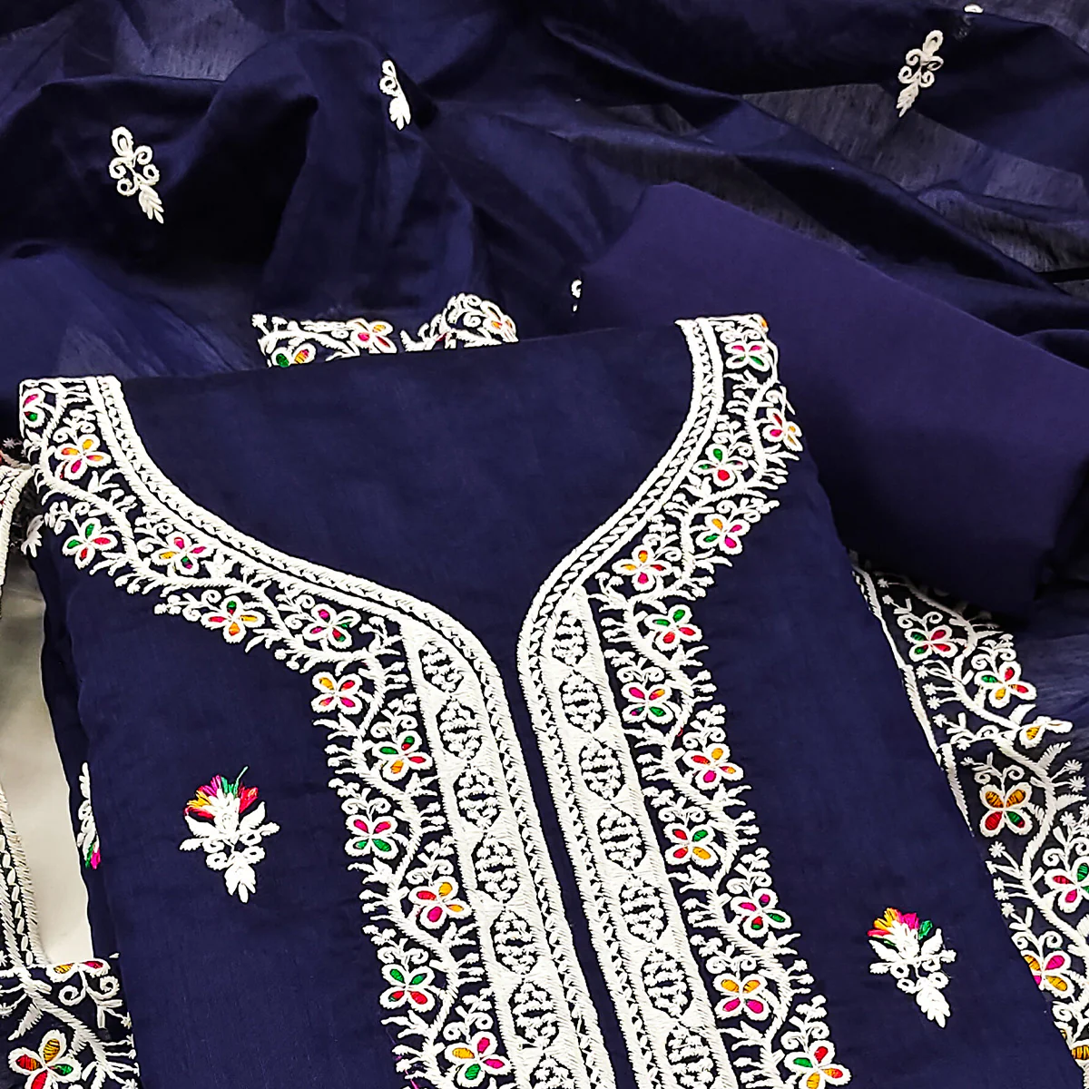 Navy Blue Floral Embroidered Chanderi Dress Material - Image 2