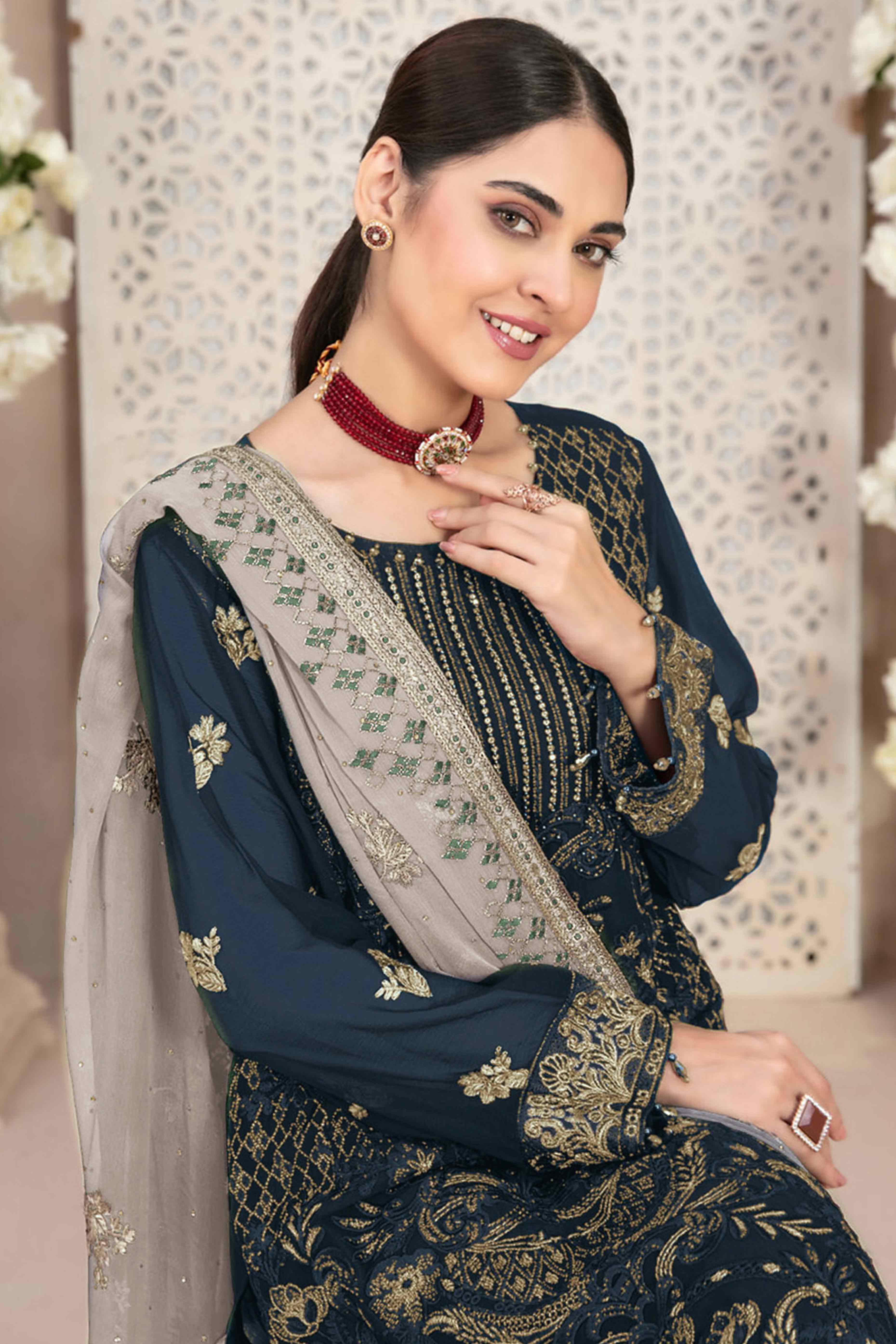 Navy Blue Floral Embroidered Georgette Dress Material - Image 3