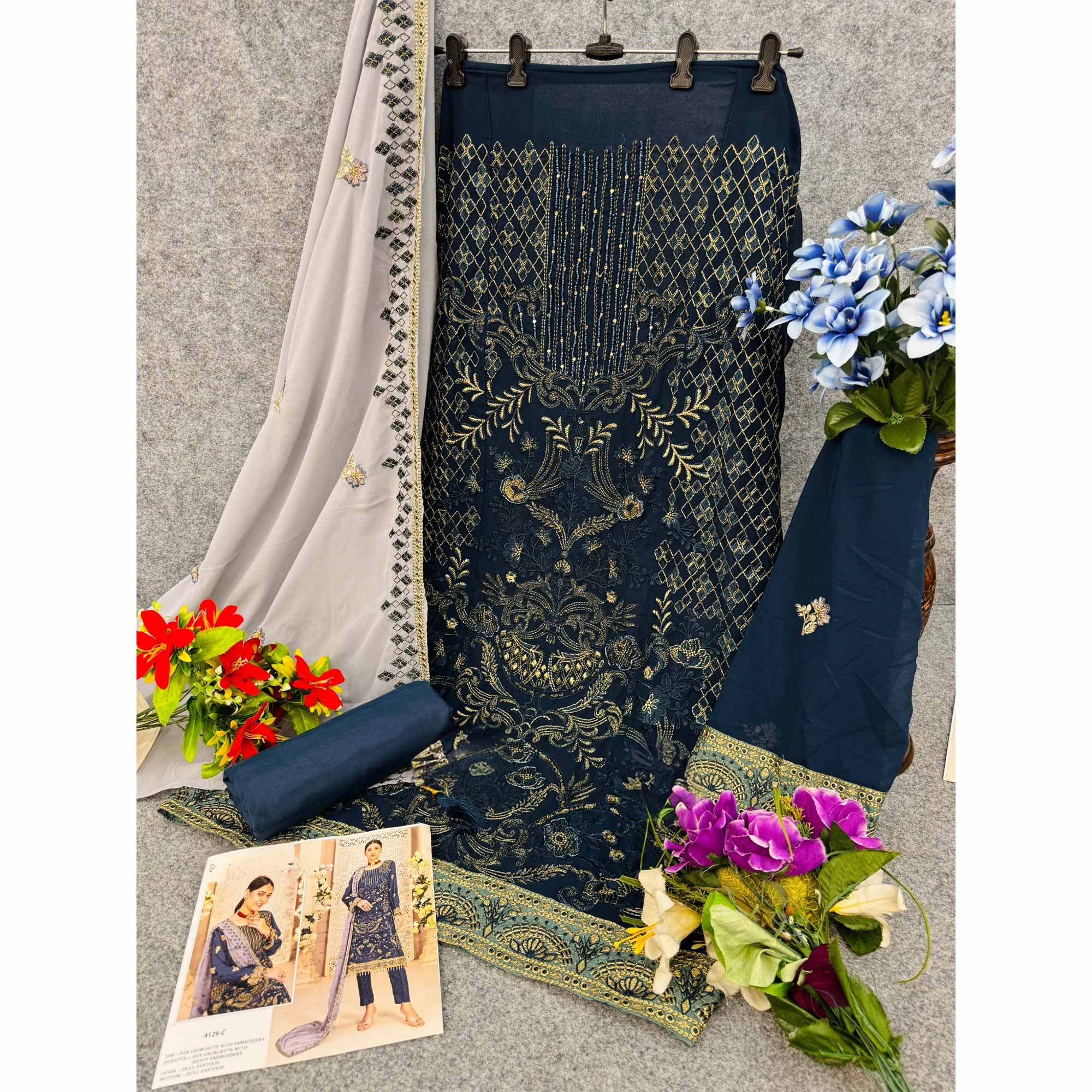 Navy Blue Floral Embroidered Georgette Dress Material - Image 4