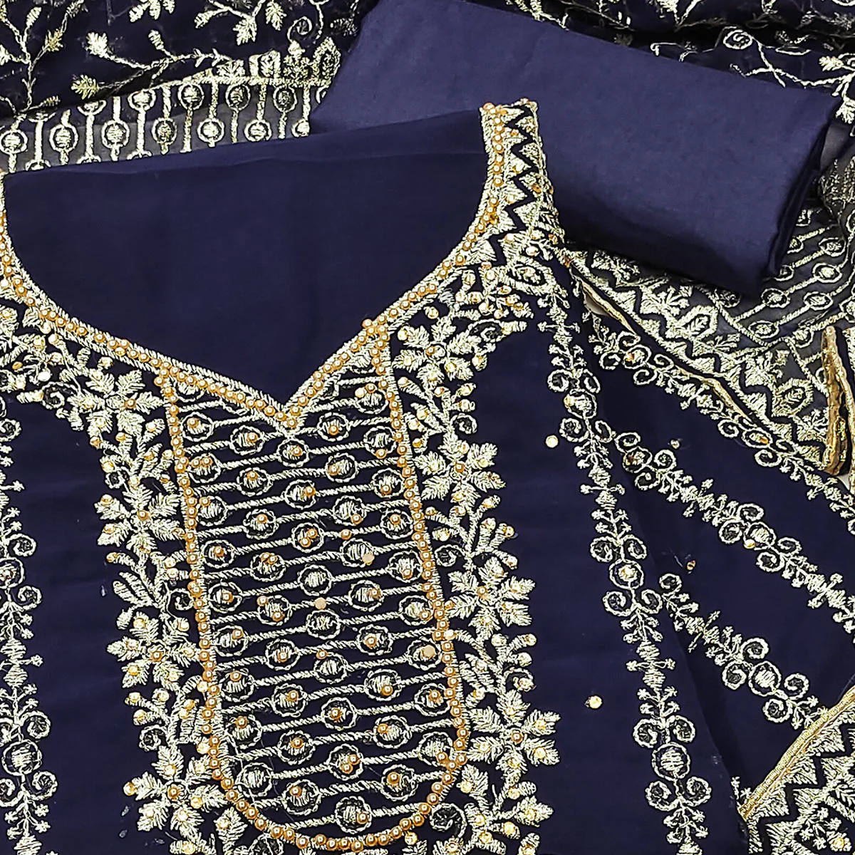 Navy Blue Floral Embroidered Georgette Dress Material - Image 2