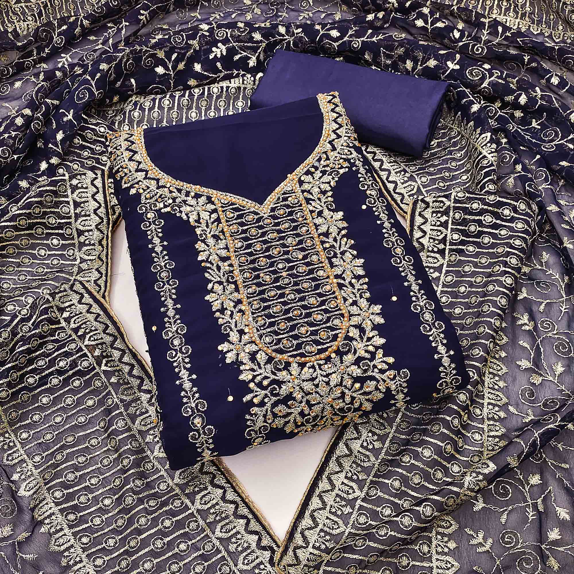 Navy Blue Floral Embroidered Georgette Dress Material - Image 3