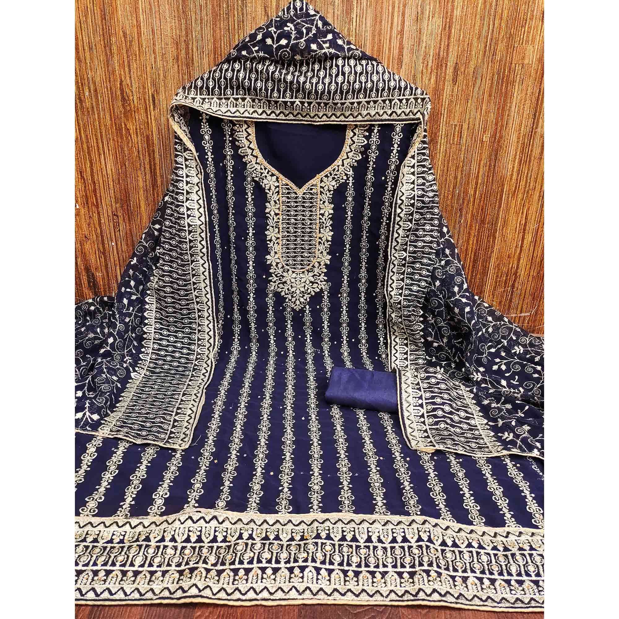 Navy Blue Floral Embroidered Georgette Dress Material - Image 4