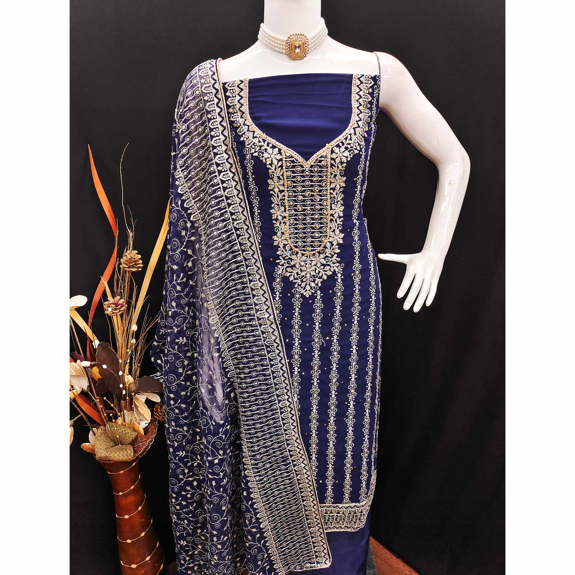 Navy Blue Floral Embroidered Georgette Dress Material - Image 5