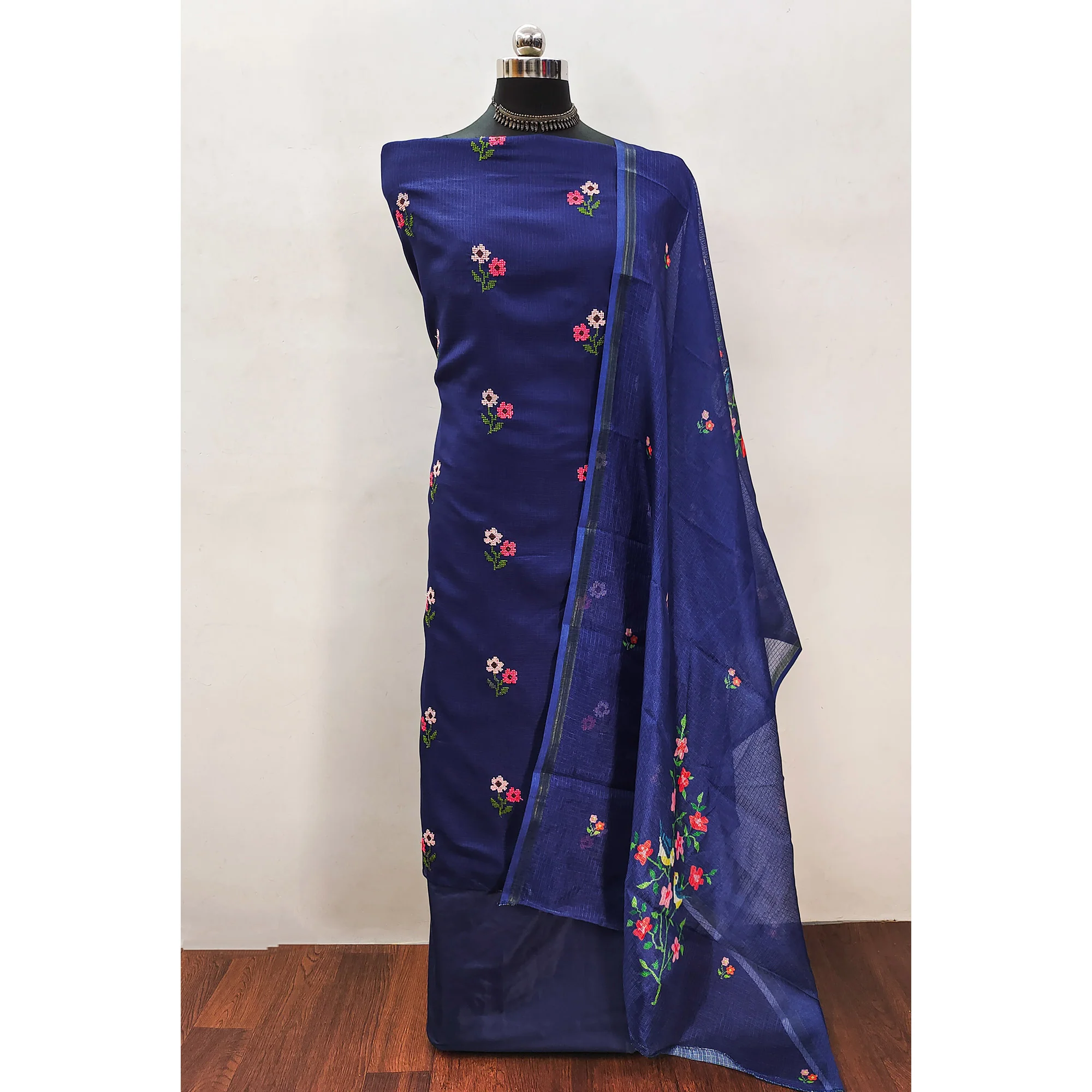 Navy Blue Floral Embroidered Kota Doria Dress Material - Image 3
