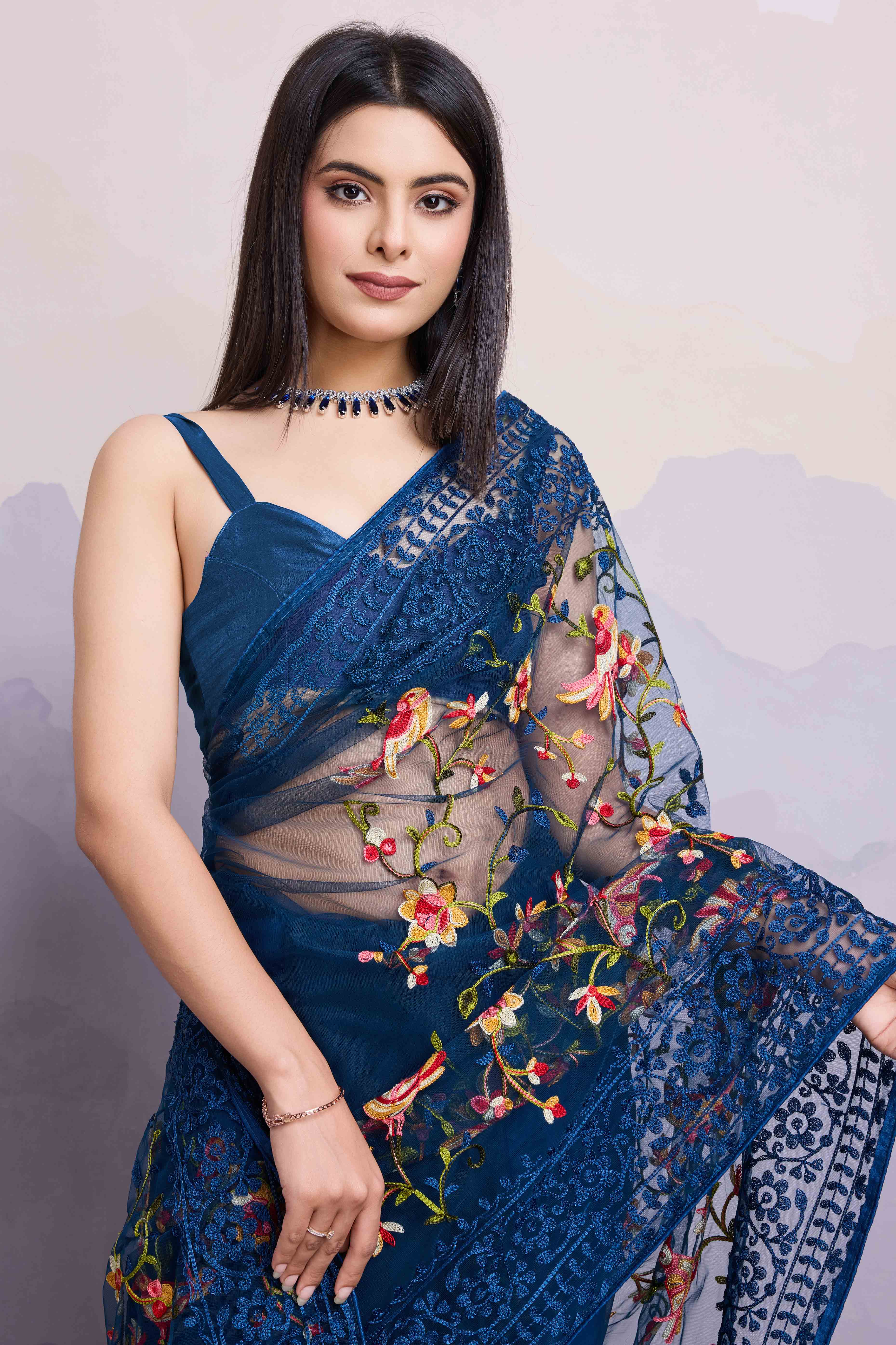 Navy Blue Floral Embroidered Net Saree - Image 6
