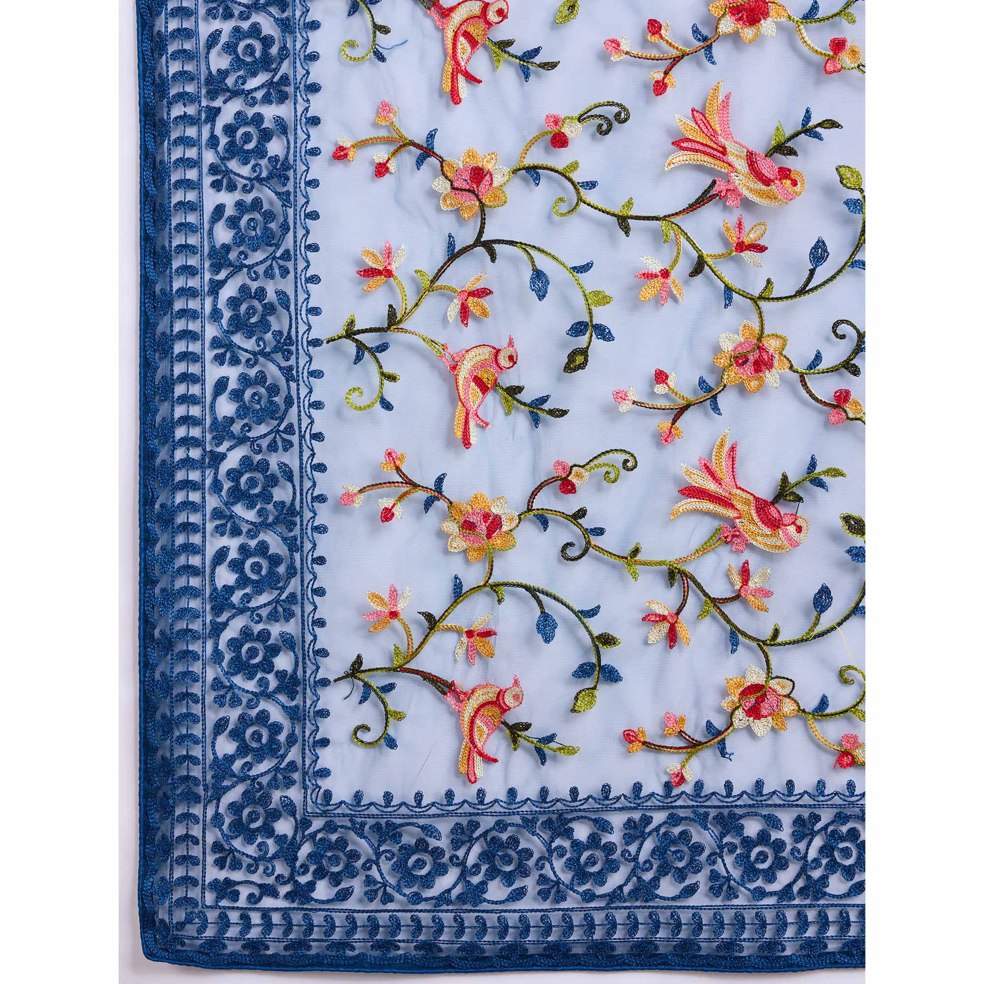Navy Blue Floral Embroidered Net Saree - Image 8