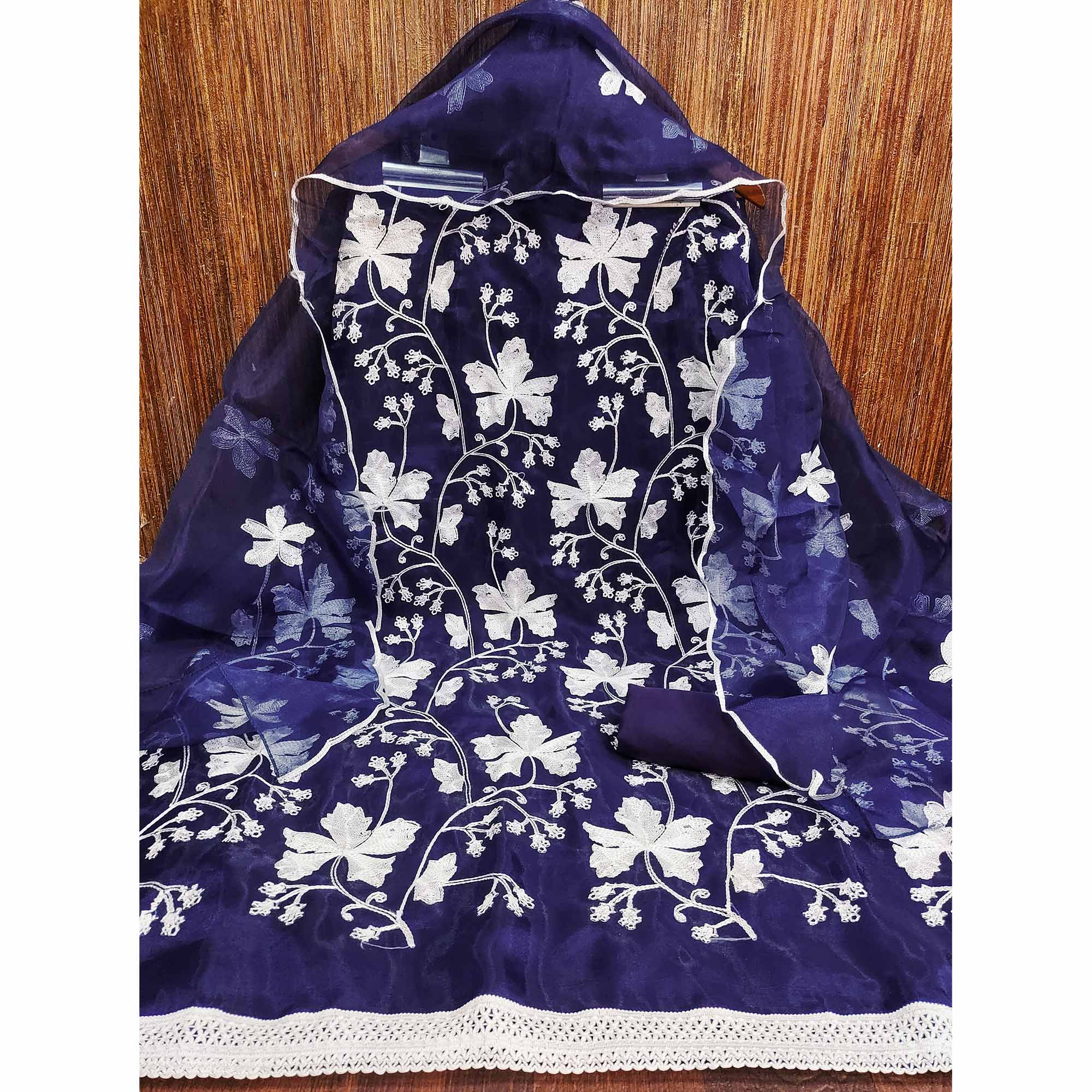 Navy Blue Floral Embroidered Organza Dress Material - Image 4