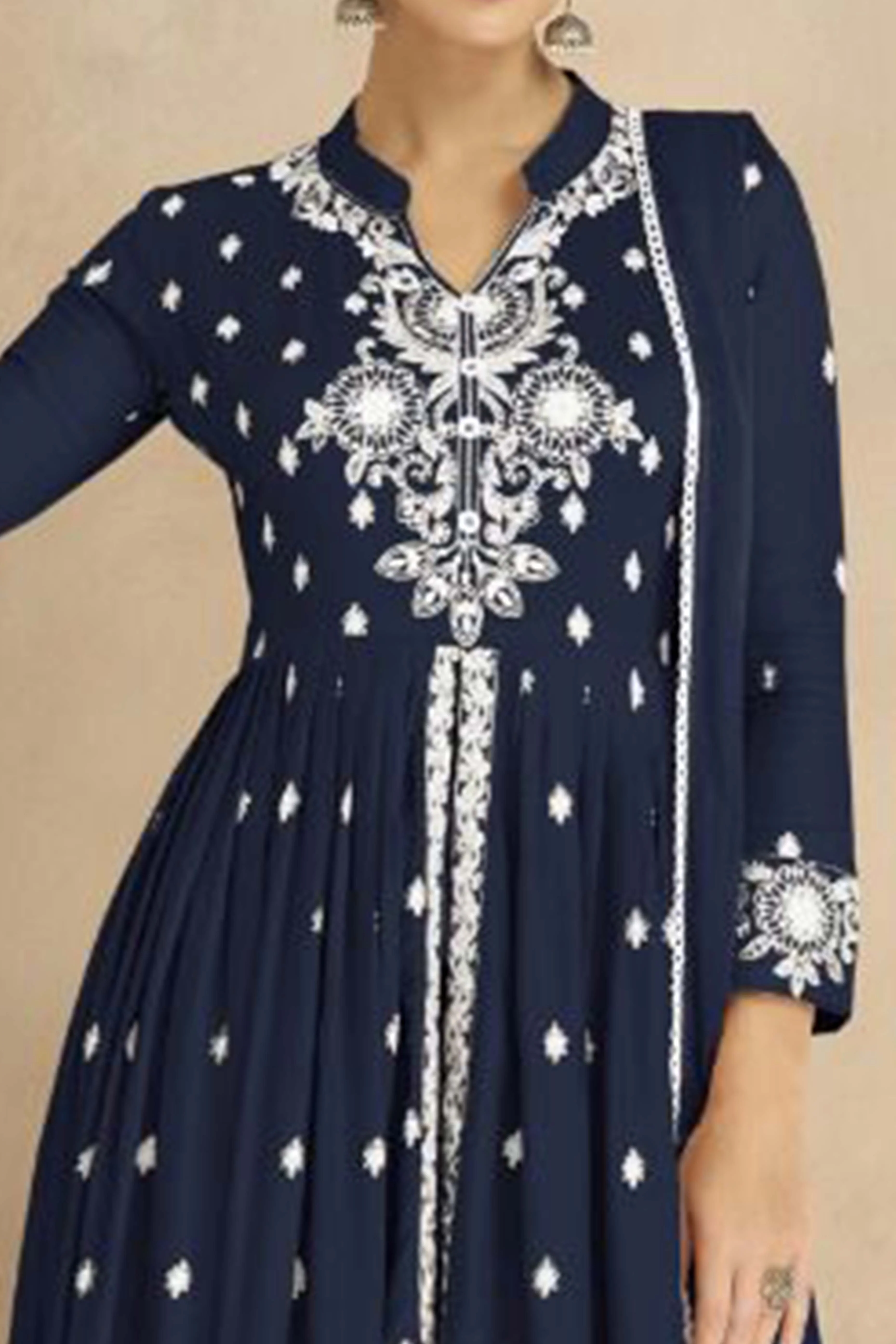 Navy Blue Floral Embroidered Rayon Palazzo Suit - Image 2