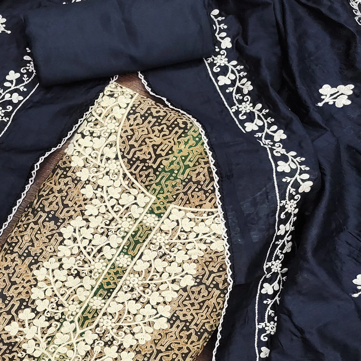Navy Blue Floral Embroidered With Printed Pure Cotton Dress Material - Image 2