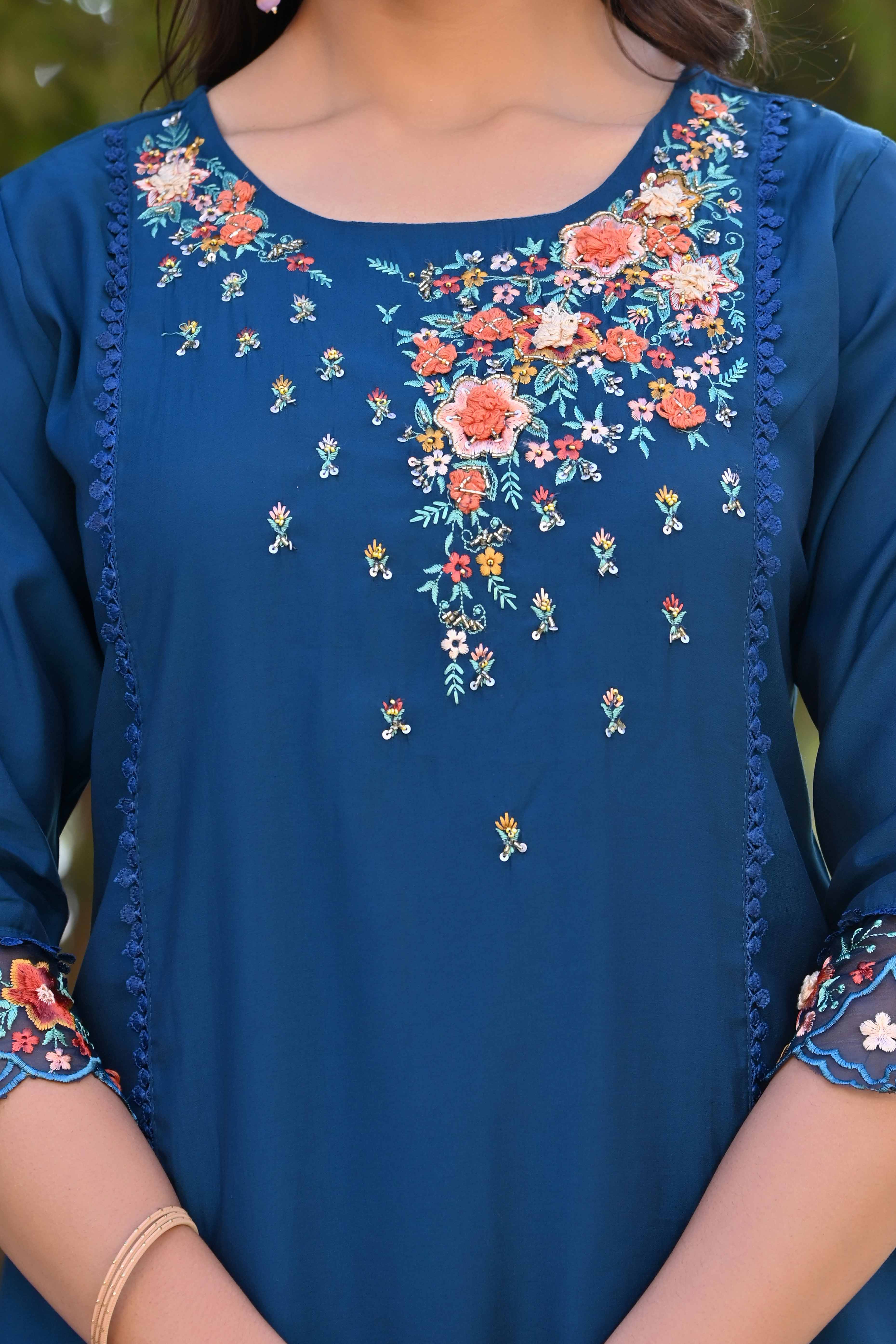 Navy Blue Floral Embroidery Handwork Viscose Salwar Suit - Image 2