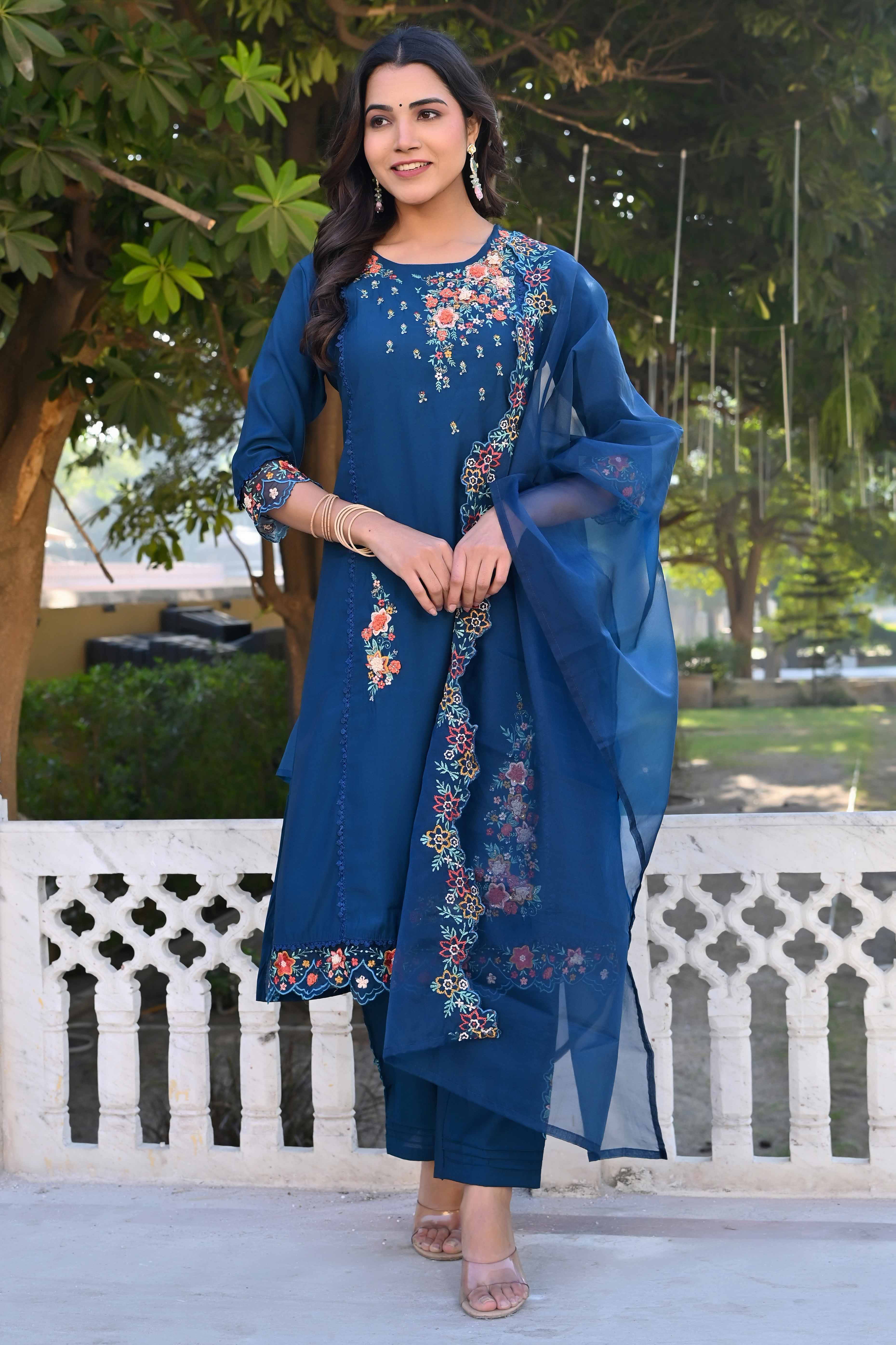 Navy Blue Floral Embroidery Handwork Viscose Salwar Suit - Image 3
