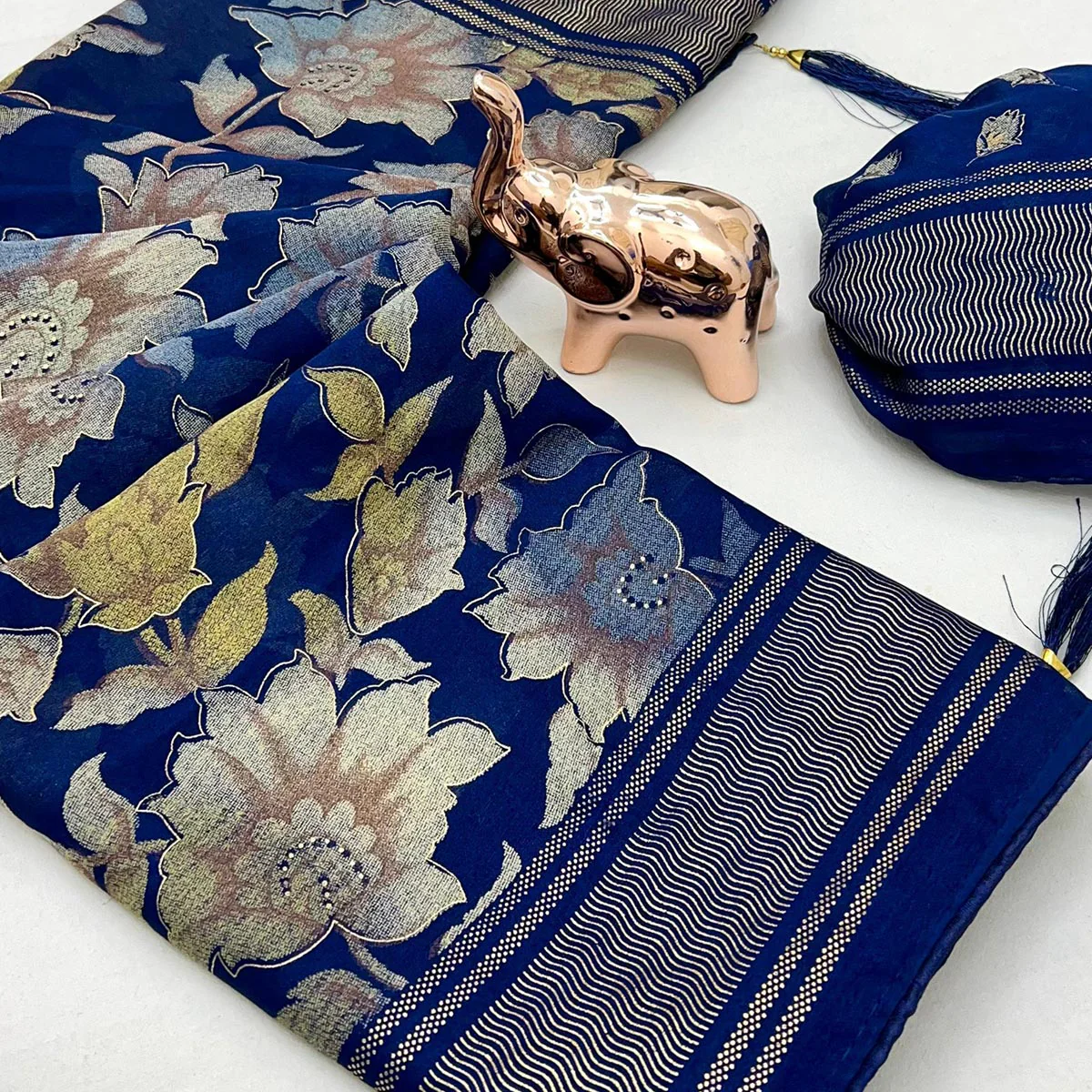 Navy Blue Floral Foil Printed Georgette Saree With Tassels - Image 2