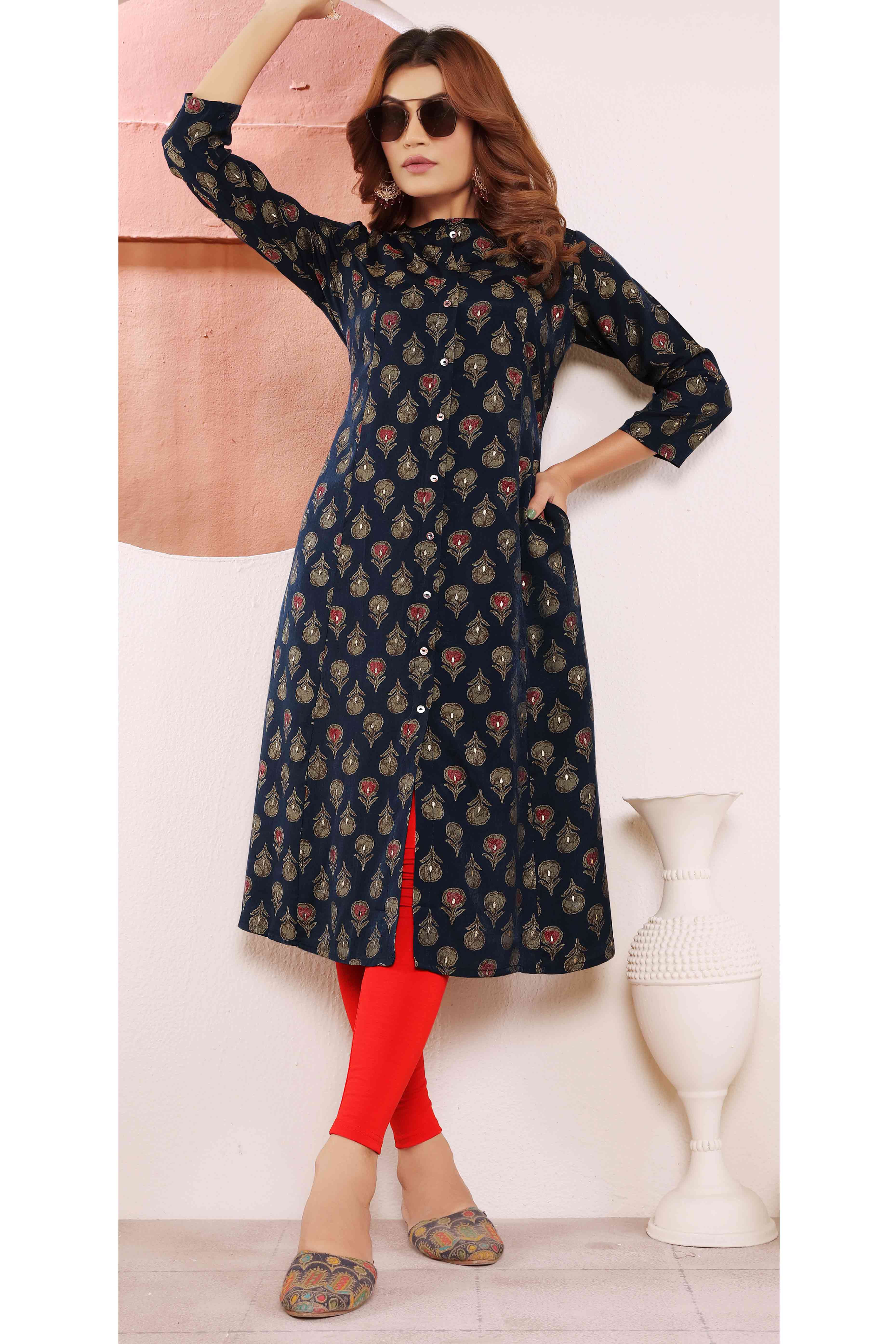 Navy Blue Floral Foil Printed Muslin Viscose Kurti - Image 3