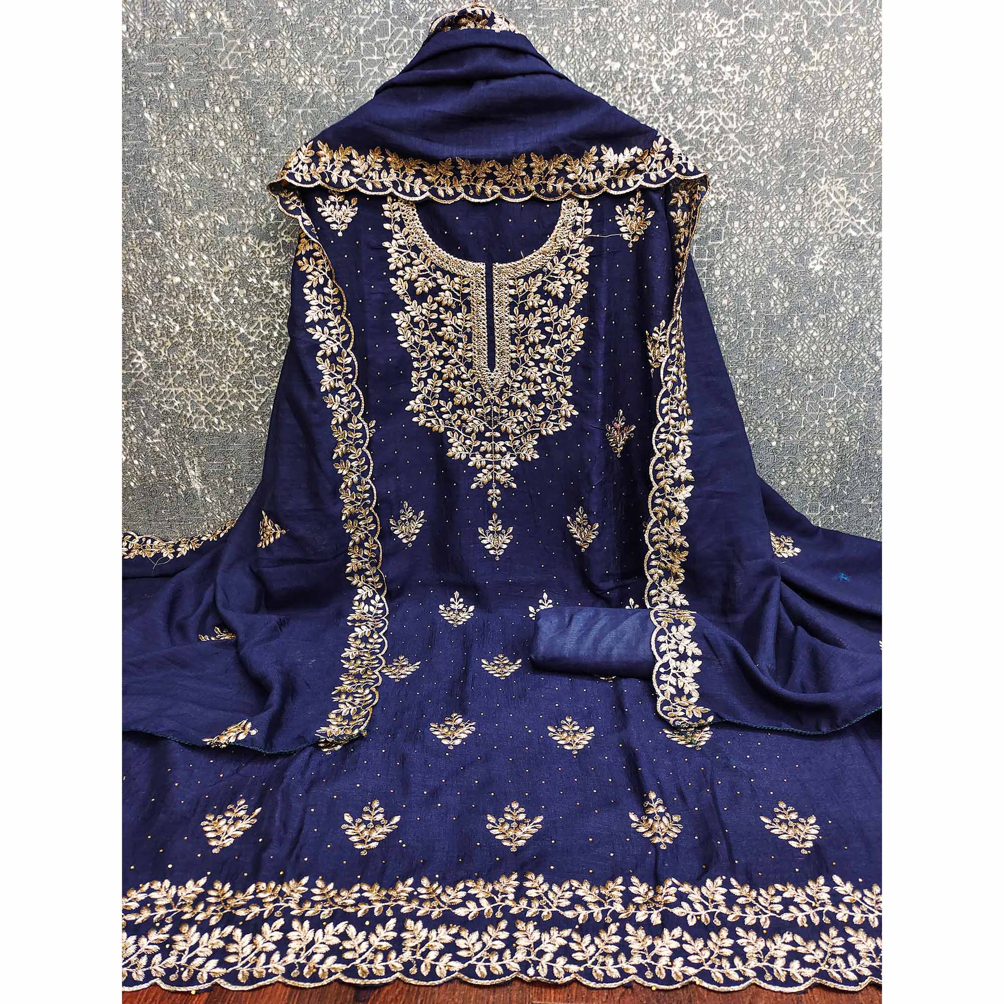 Navy Blue Floral Motif Vichitra Silk Dress Material Featuring Sequins Embroidery & Swarovski Work - Image 4