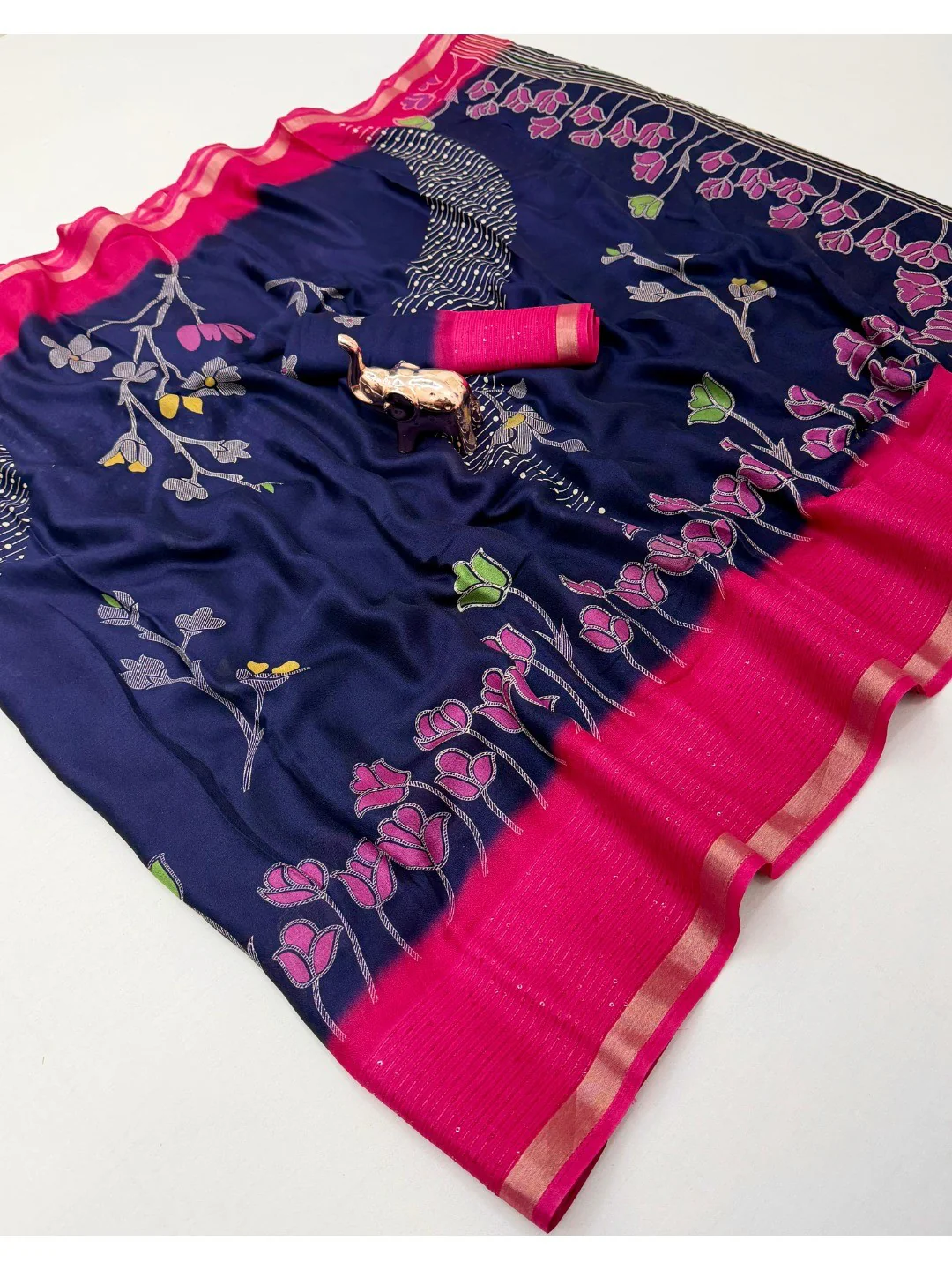 Navy Blue Floral Print Georgette Saree Featuring Lightweight Fabric and Beautiful Pink Border Detailing