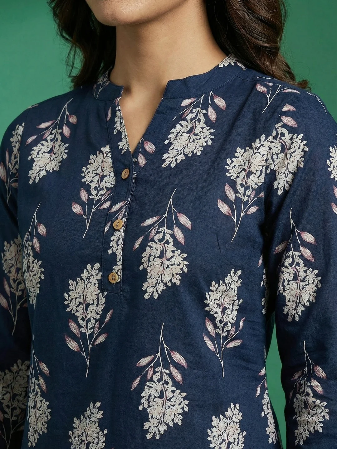 Navy Blue Floral Print Pure Cotton Top Crafted for Relaxed Casual Wear - Image 3