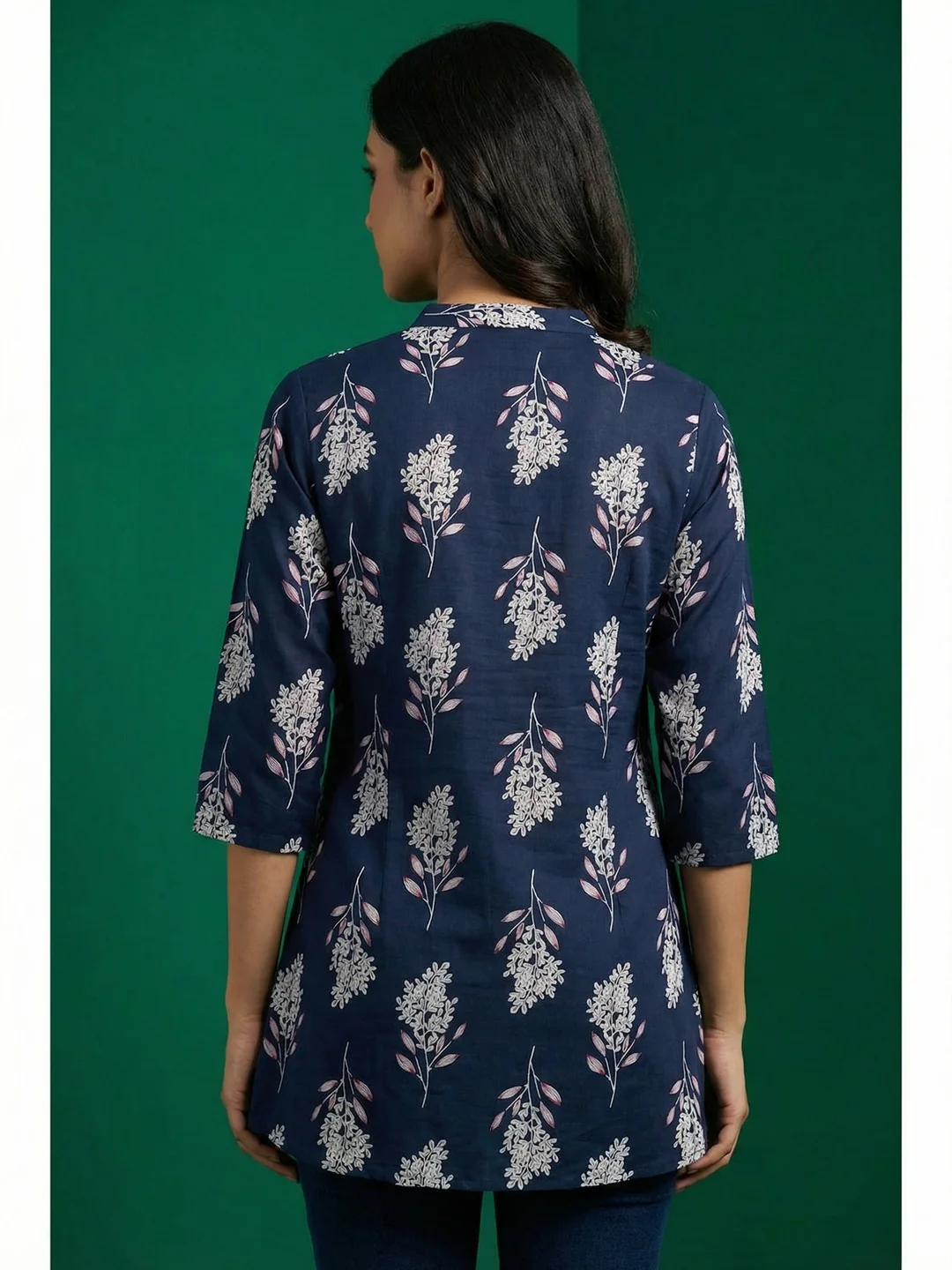 Navy Blue Floral Print Pure Cotton Top Crafted for Relaxed Casual Wear - Image 4