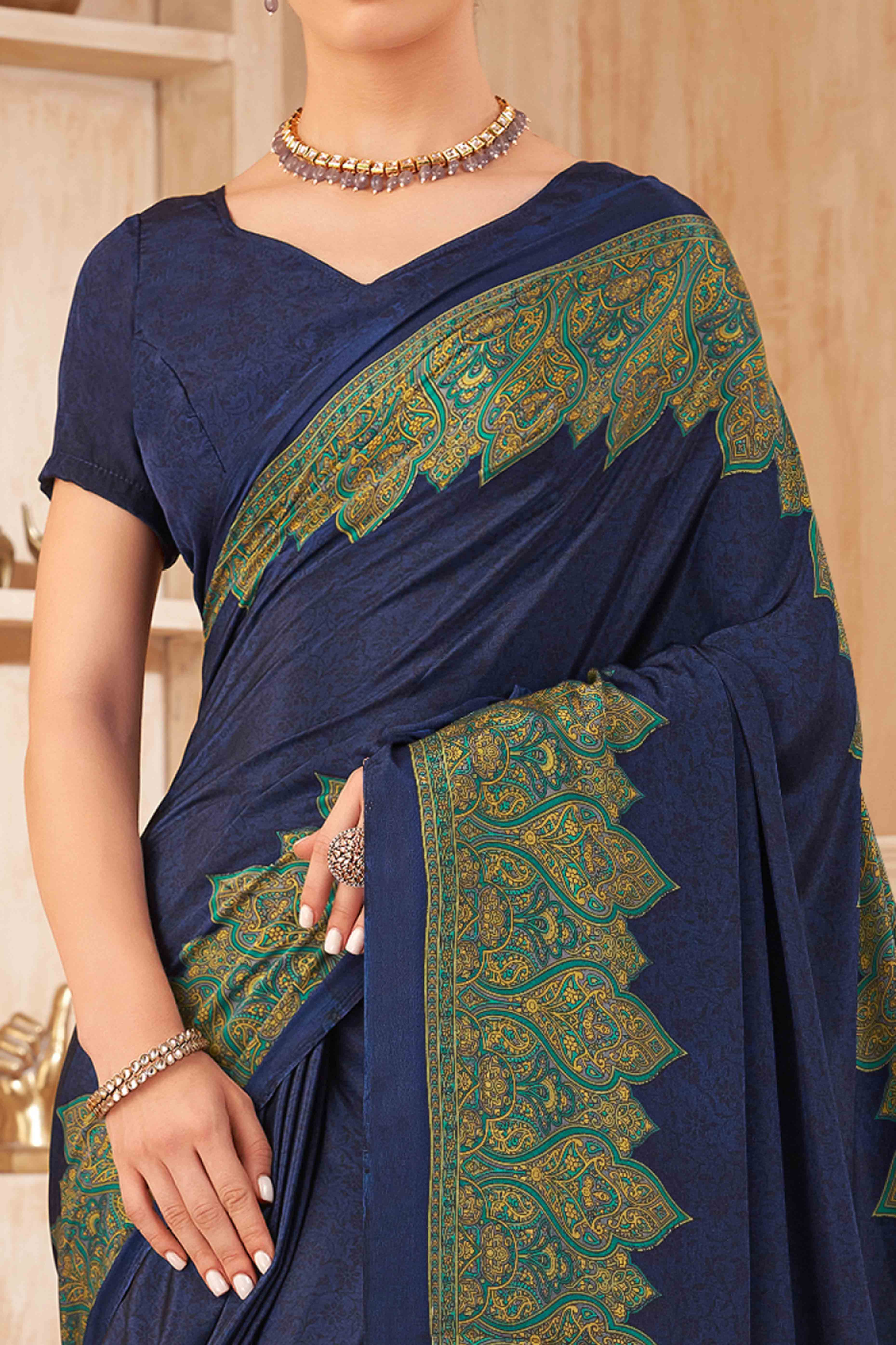 Navy Blue Floral Printed Crepe Silk Saree - Image 2