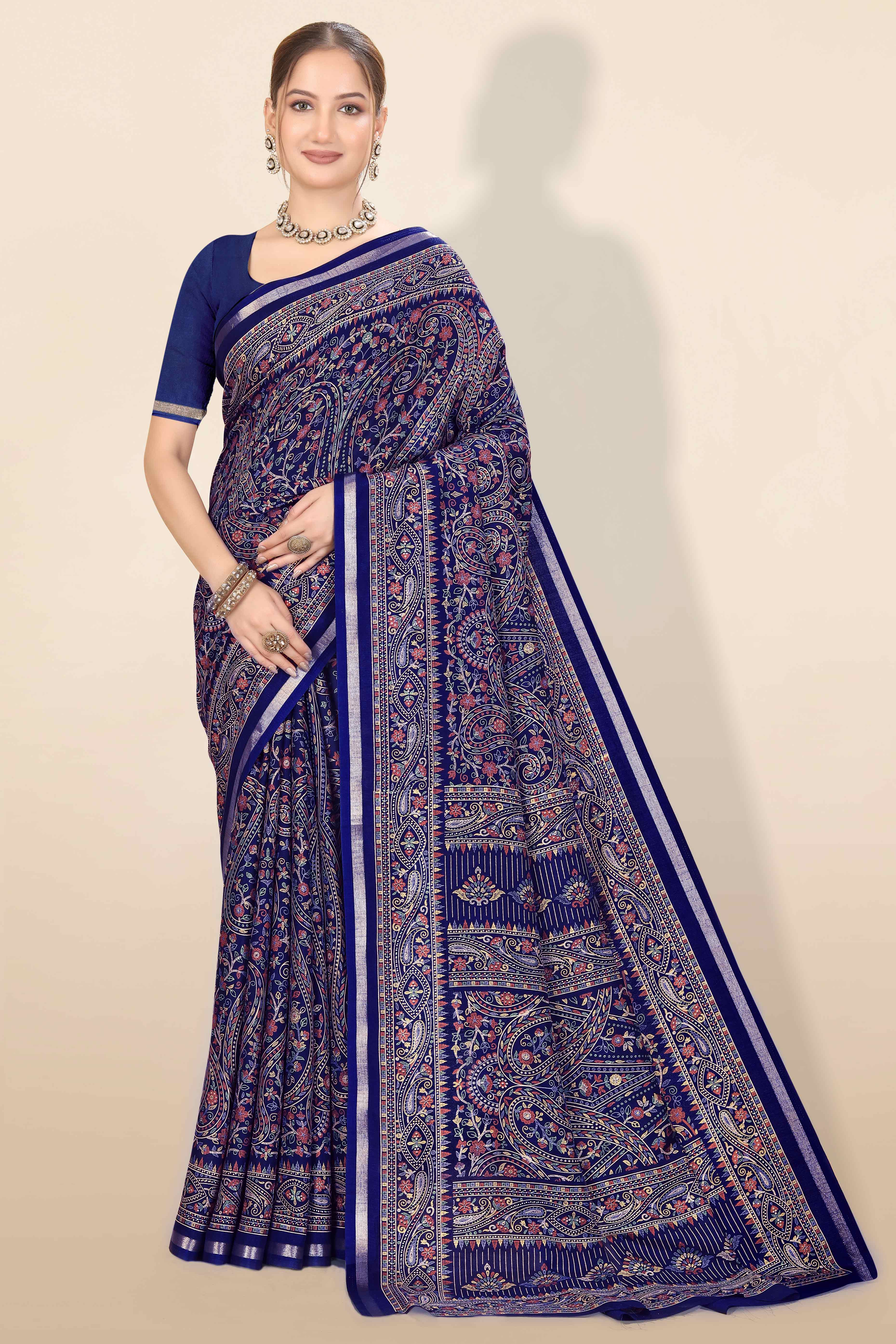 Navy Blue Floral Printed Dola Kashmiri Dola Silk Saree Highlighted With Rich Golden Zari Border - Image 4