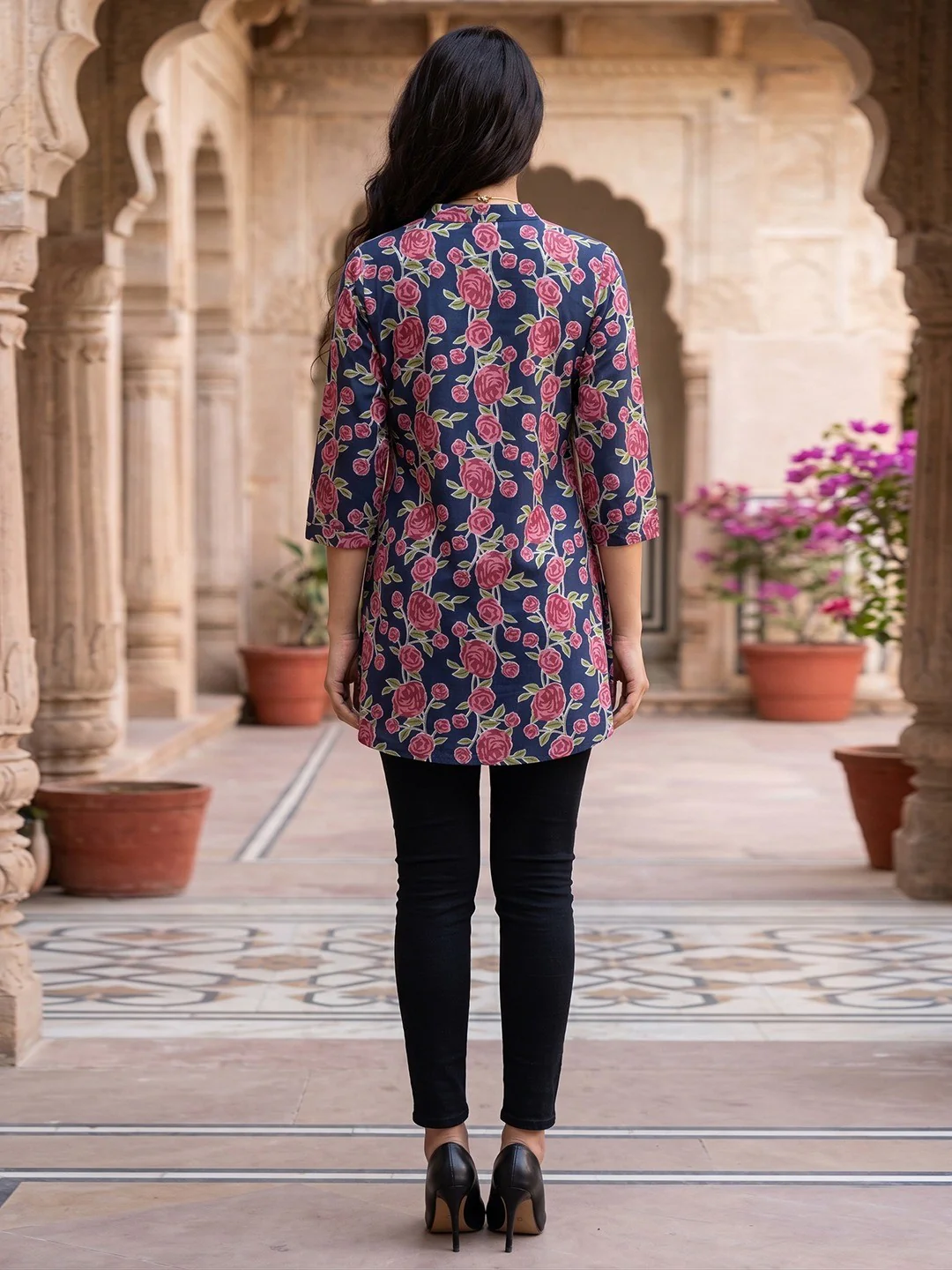 Navy Blue Floral Printed Pure Cotton A-Line Casual Top - Image 3