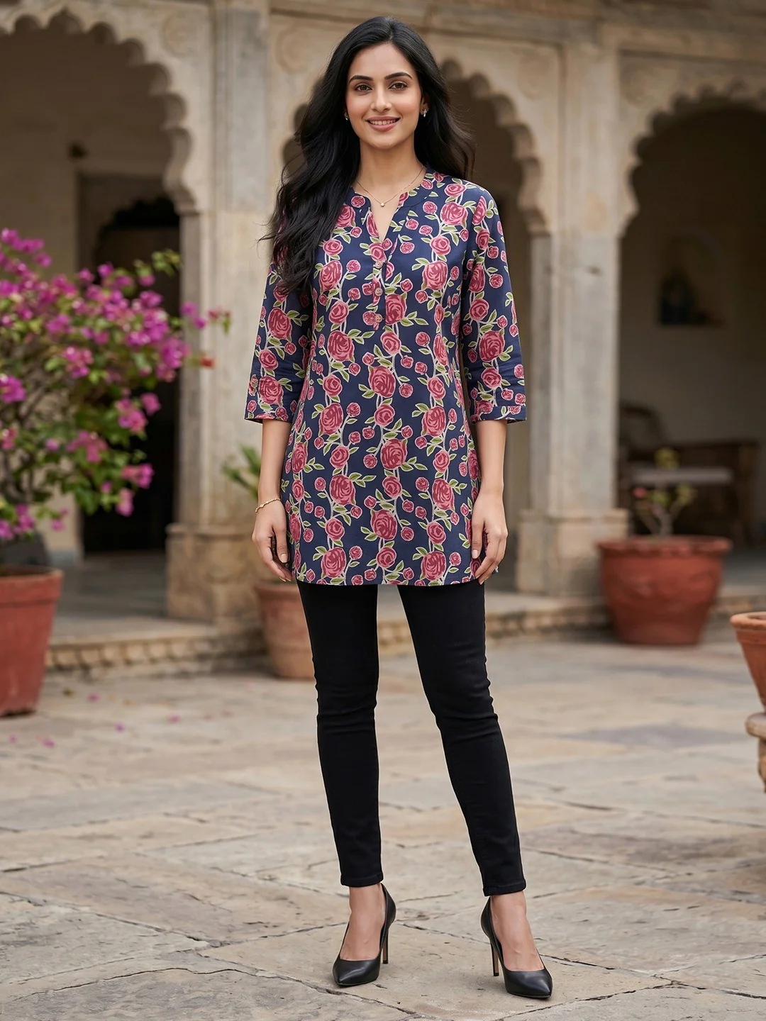 Navy Blue Floral Printed Pure Cotton A-Line Casual Top - Image 5