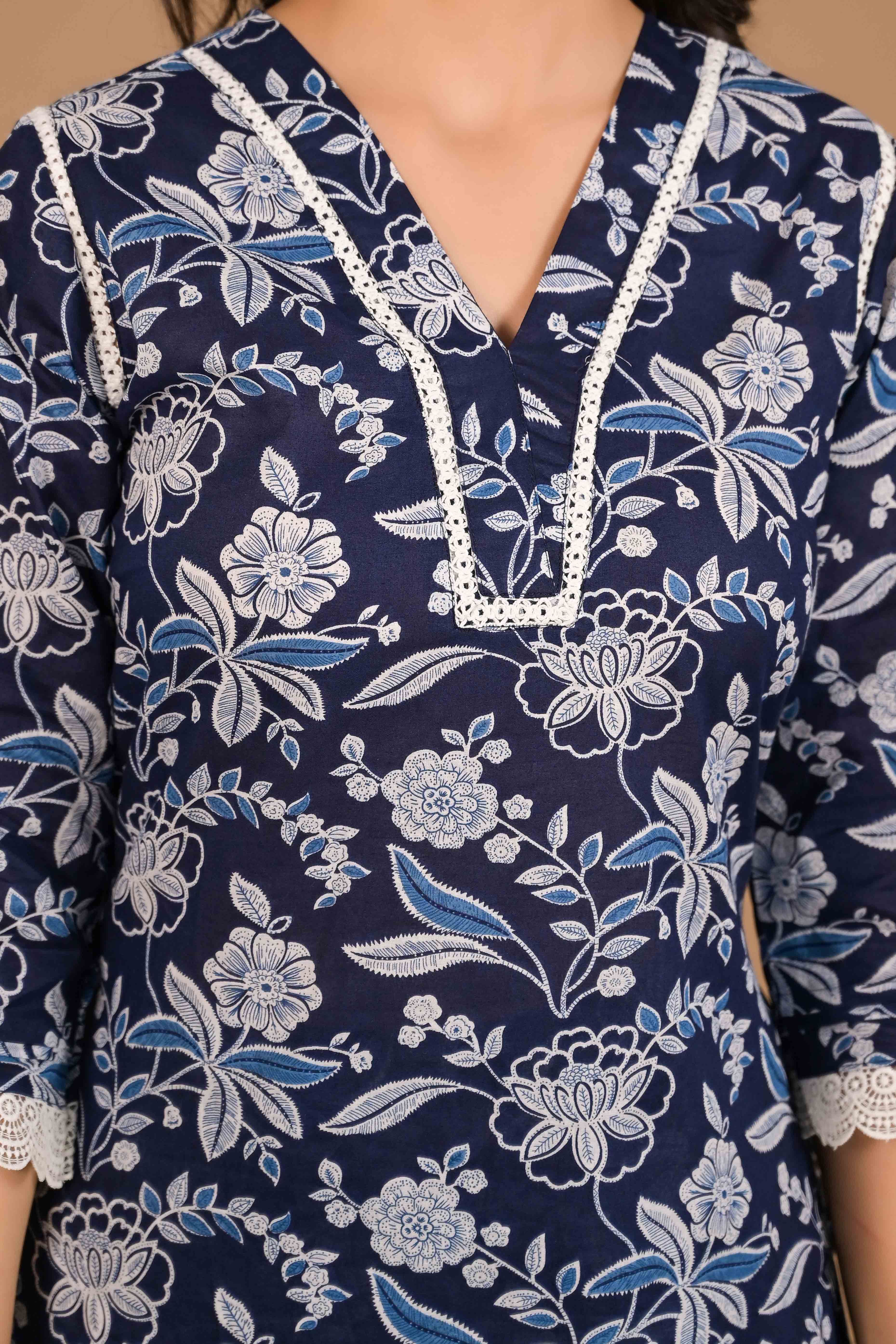 Navy Blue Floral Printed Pure Cotton Top Bottom Set - Image 3