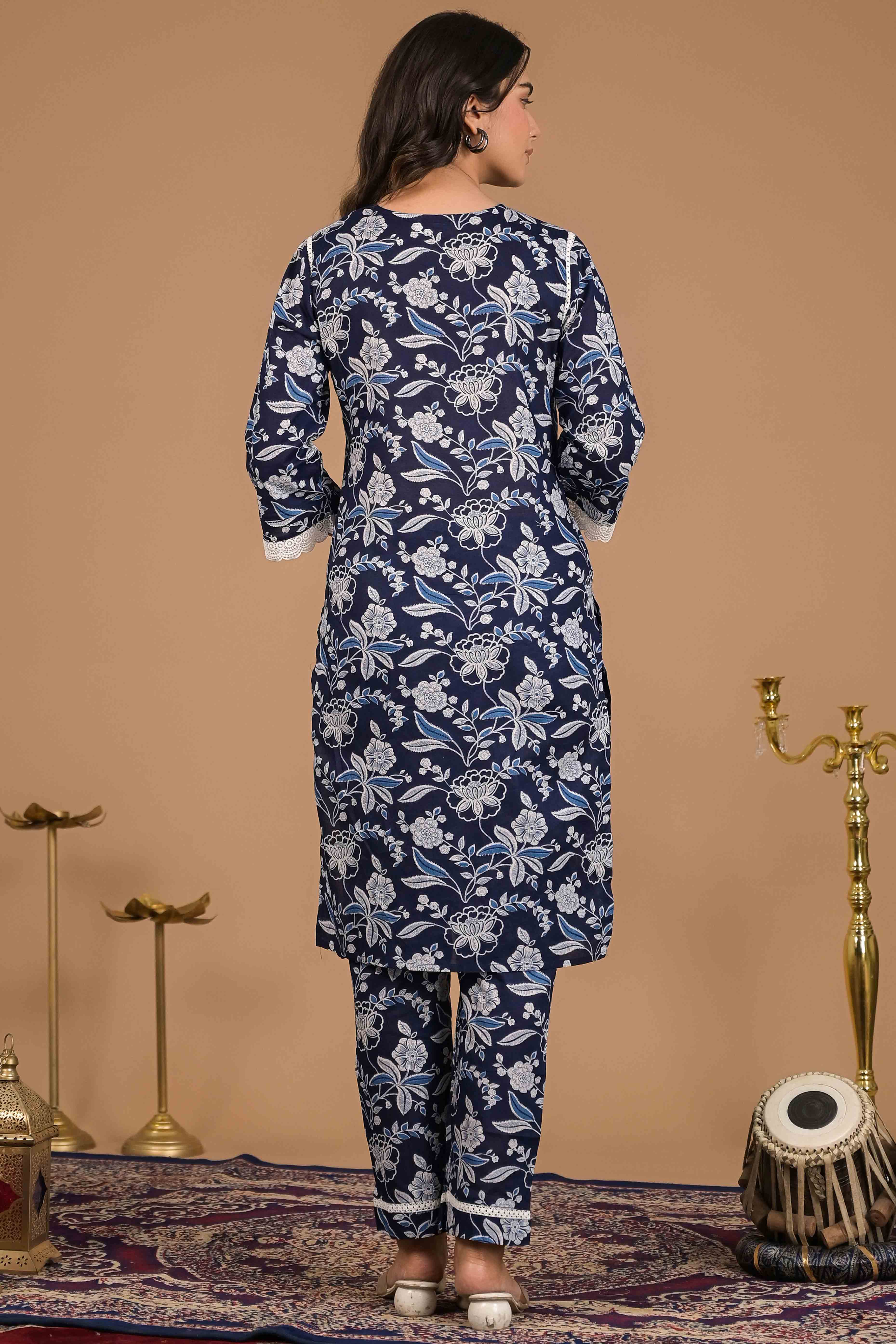 Navy Blue Floral Printed Pure Cotton Top Bottom Set - Image 4