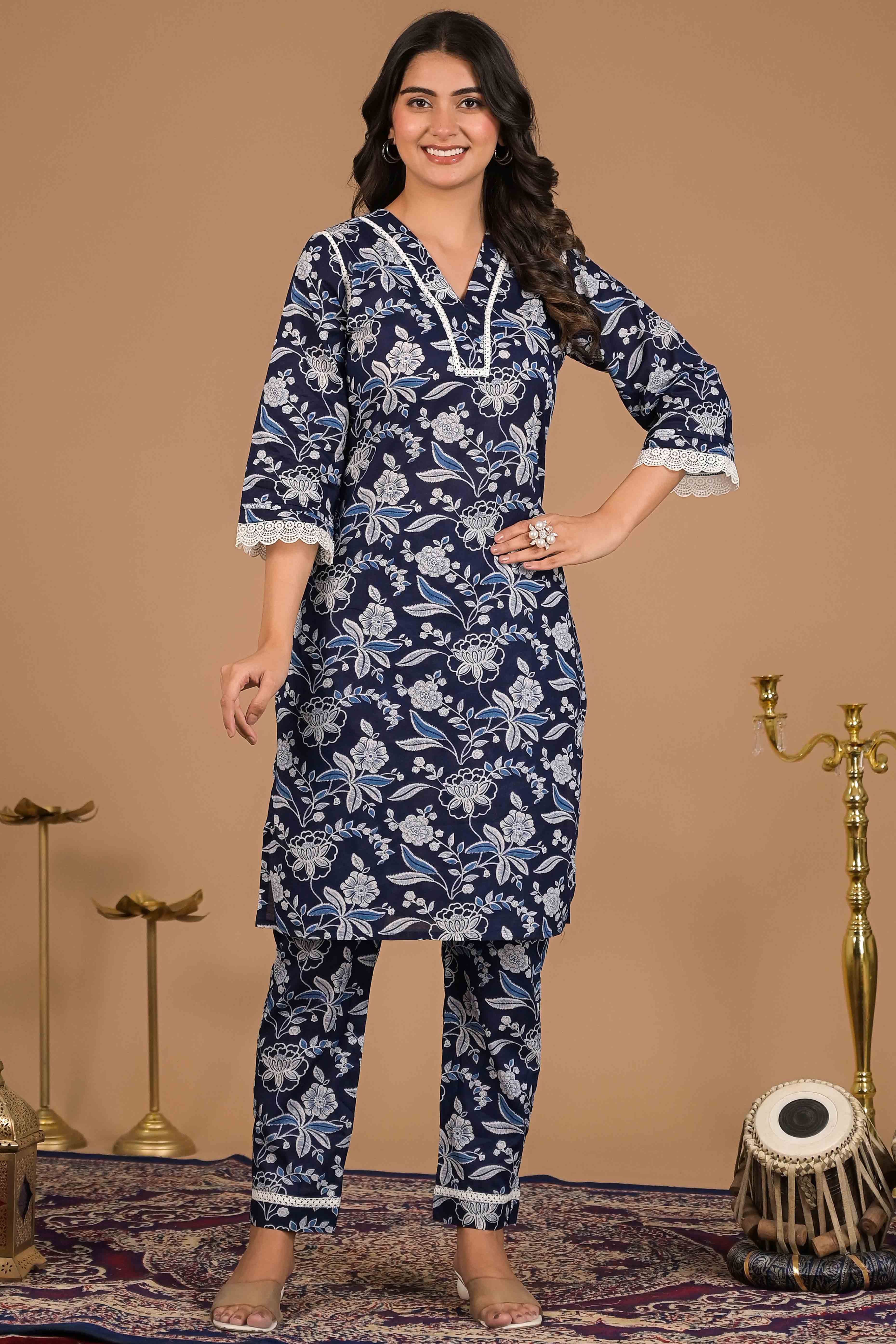 Navy Blue Floral Printed Pure Cotton Top Bottom Set - Image 5