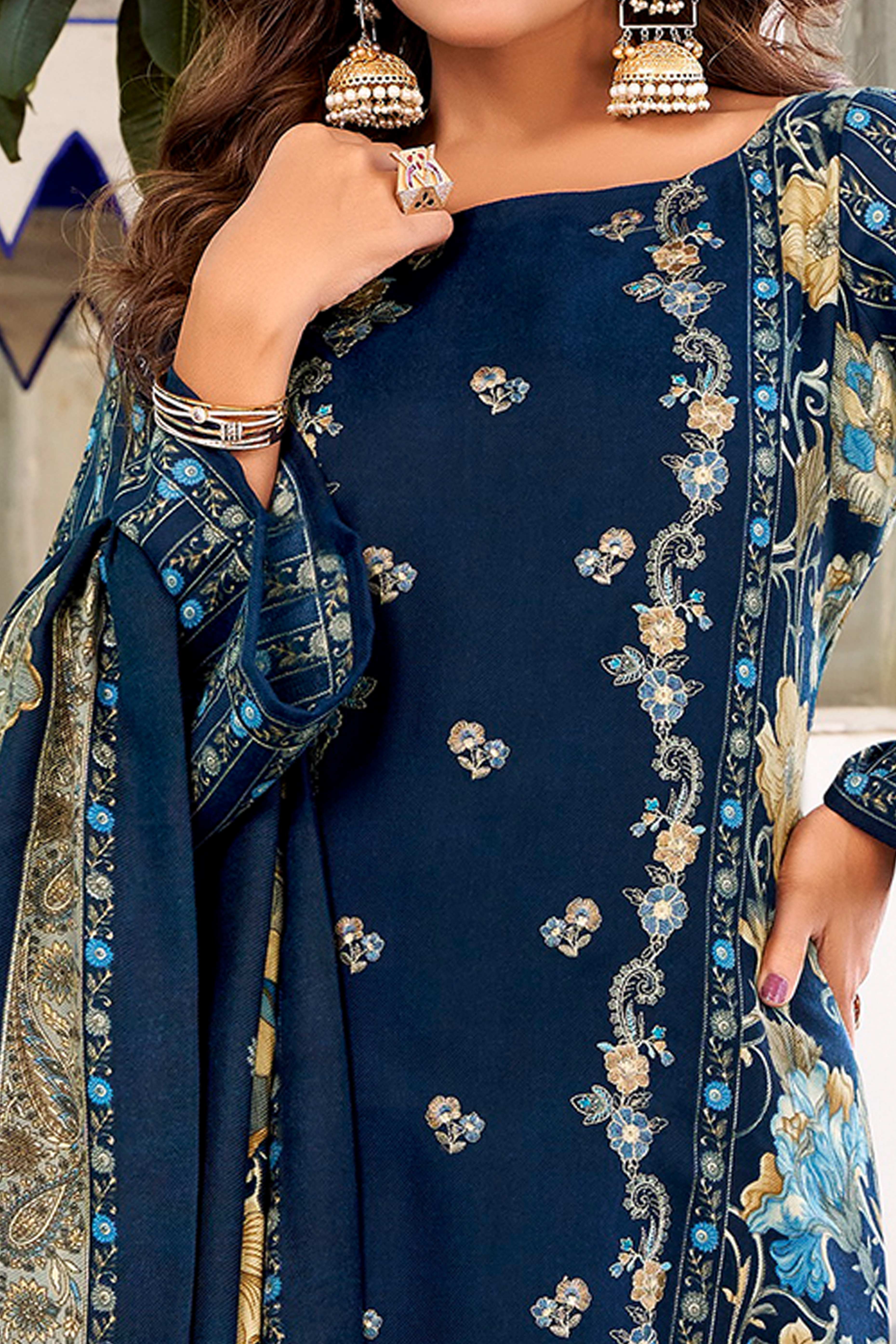 Navy Blue Floral Printed Pure Wool Pashmina Suit Material Ideal for Winter Fashion - Image 2